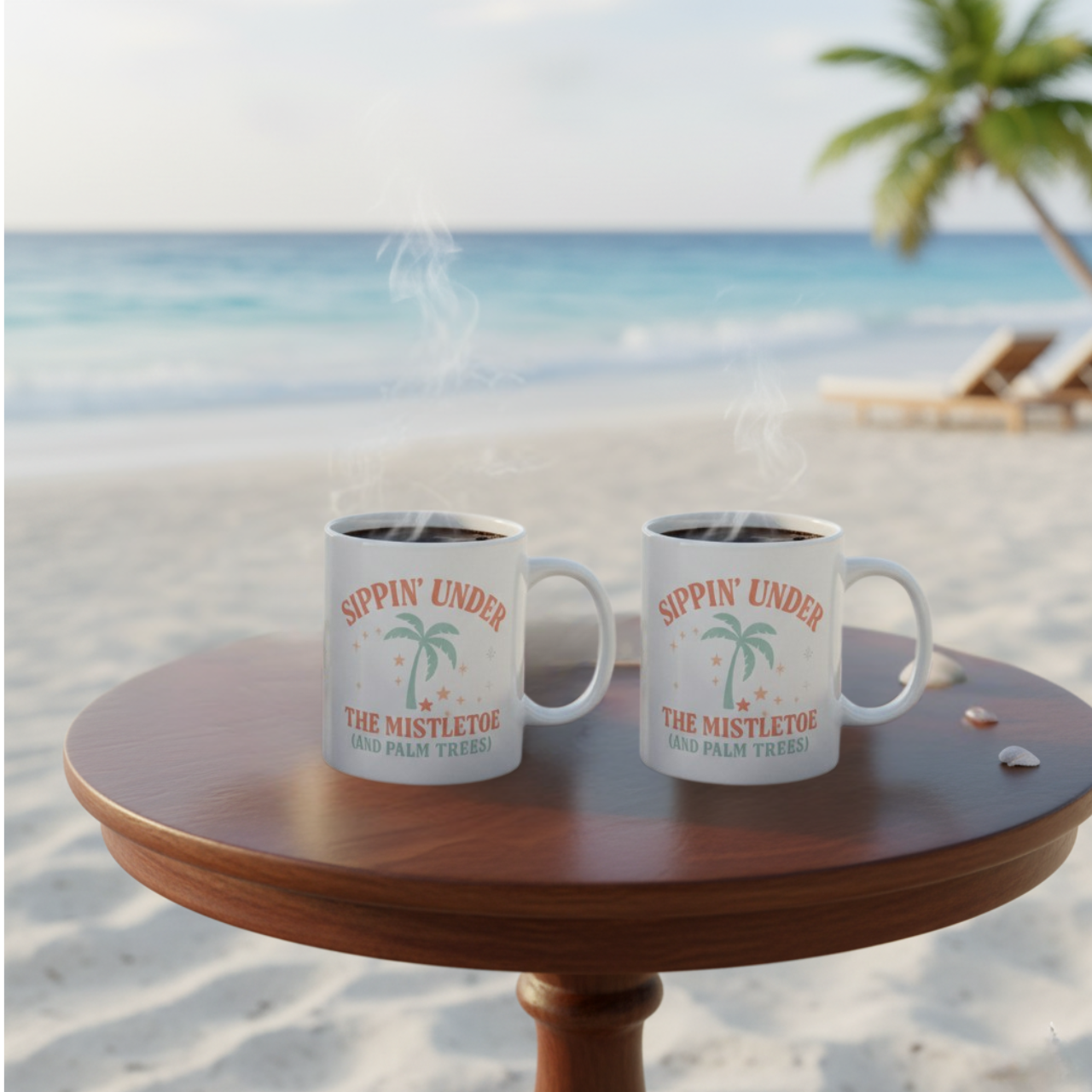 Sippin’ Under the Mistletoe (and Palm Trees) Dual-Sided Christmas Mug | Tropical Holiday Coffee Cup | Coastal Christmas Gift | Ceramic 11oz &amp; 15oz Mug | Dishwasher &amp; Microwave Safe | Beachy Winter Vibes Drinkware product thumbnail image