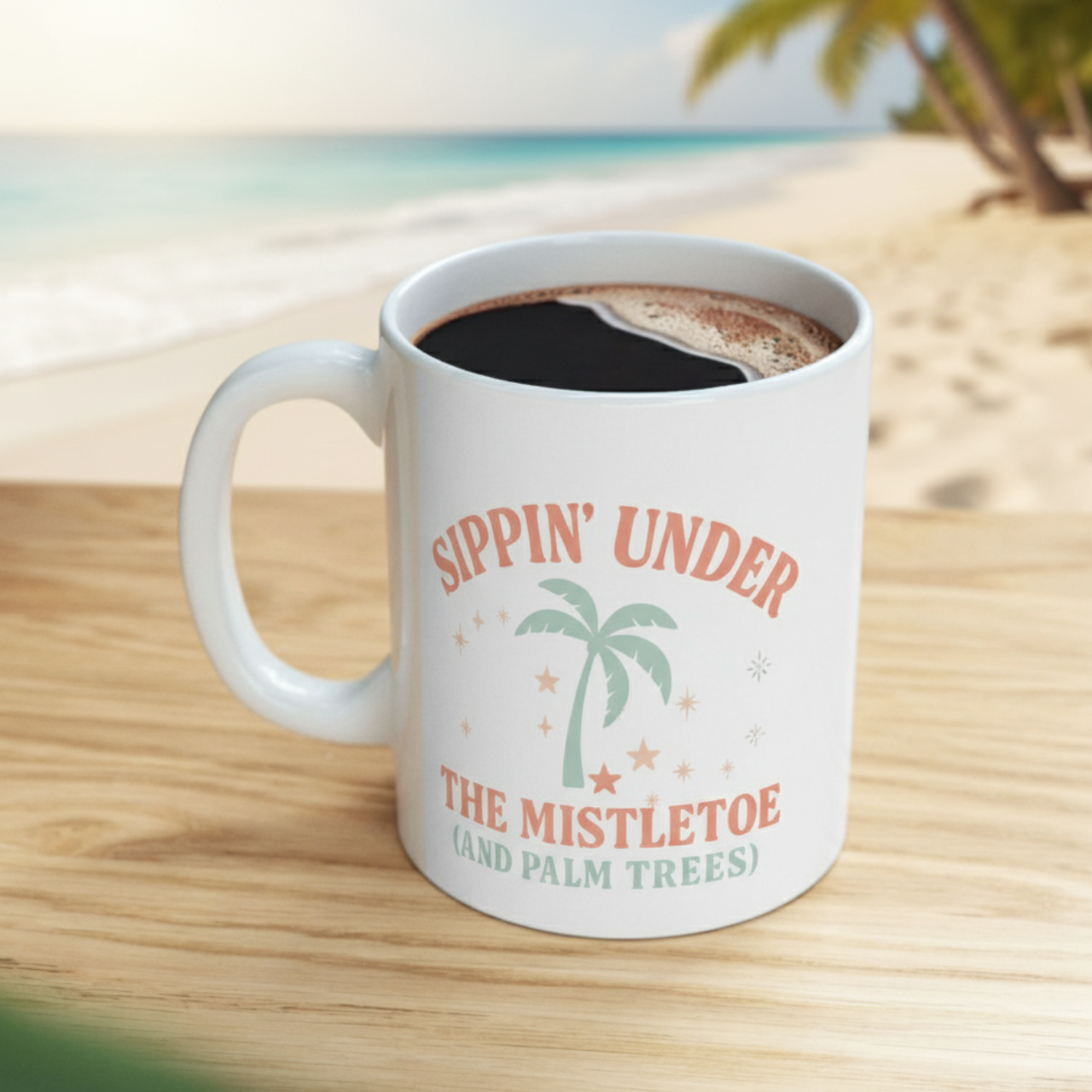 Sippin’ Under the Mistletoe (and Palm Trees) Dual-Sided Christmas Mug | Tropical Holiday Coffee Cup | Coastal Christmas Gift | Ceramic 11oz & 15oz Mug | Dishwasher & Microwave Safe | Beachy Winter Vibes Drinkware product thumbnail image Sippin’ Under the Mistletoe (and Palm Trees) Dual-Sided Christmas Mug | Tropical Holiday Coffee Cup | Coastal Christmas Gift | Ceramic 11oz & 15oz Mug | Dishwasher & Microwave Safe | Beachy Winter Vibes Drinkware product thumbnail image