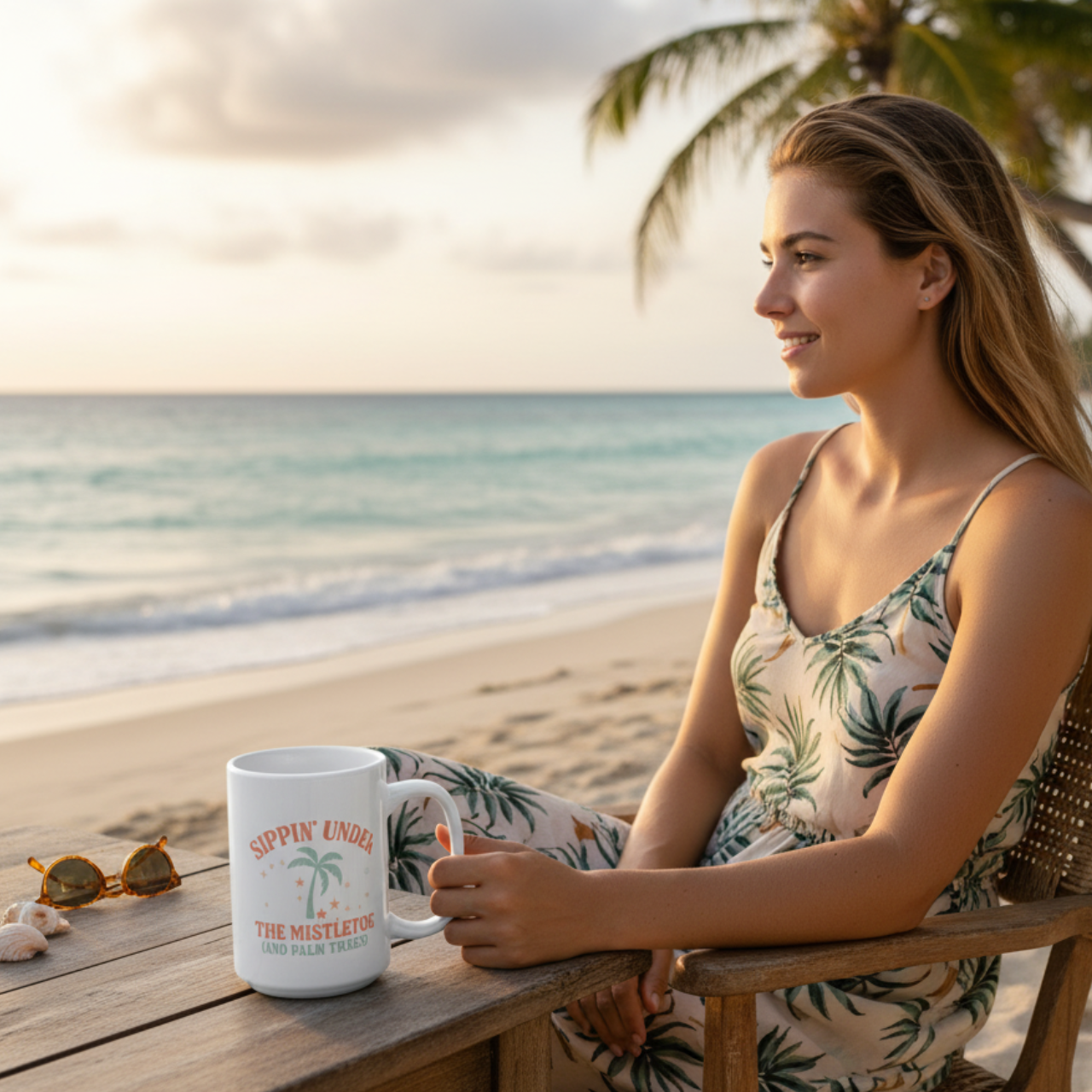 Sippin’ Under the Mistletoe (and Palm Trees) Dual-Sided Christmas Mug | Tropical Holiday Coffee Cup | Coastal Christmas Gift | Ceramic 11oz &amp; 15oz Mug | Dishwasher &amp; Microwave Safe | Beachy Winter Vibes Drinkware product thumbnail image