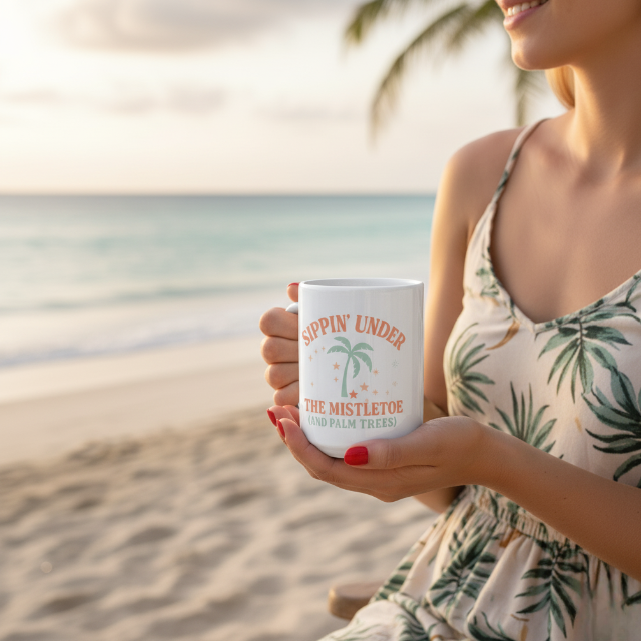 Sippin’ Under the Mistletoe (and Palm Trees) Dual-Sided Christmas Mug | Tropical Holiday Coffee Cup | Coastal Christmas Gift | Ceramic 11oz &amp; 15oz Mug | Dishwasher &amp; Microwave Safe | Beachy Winter Vibes Drinkware product thumbnail image
