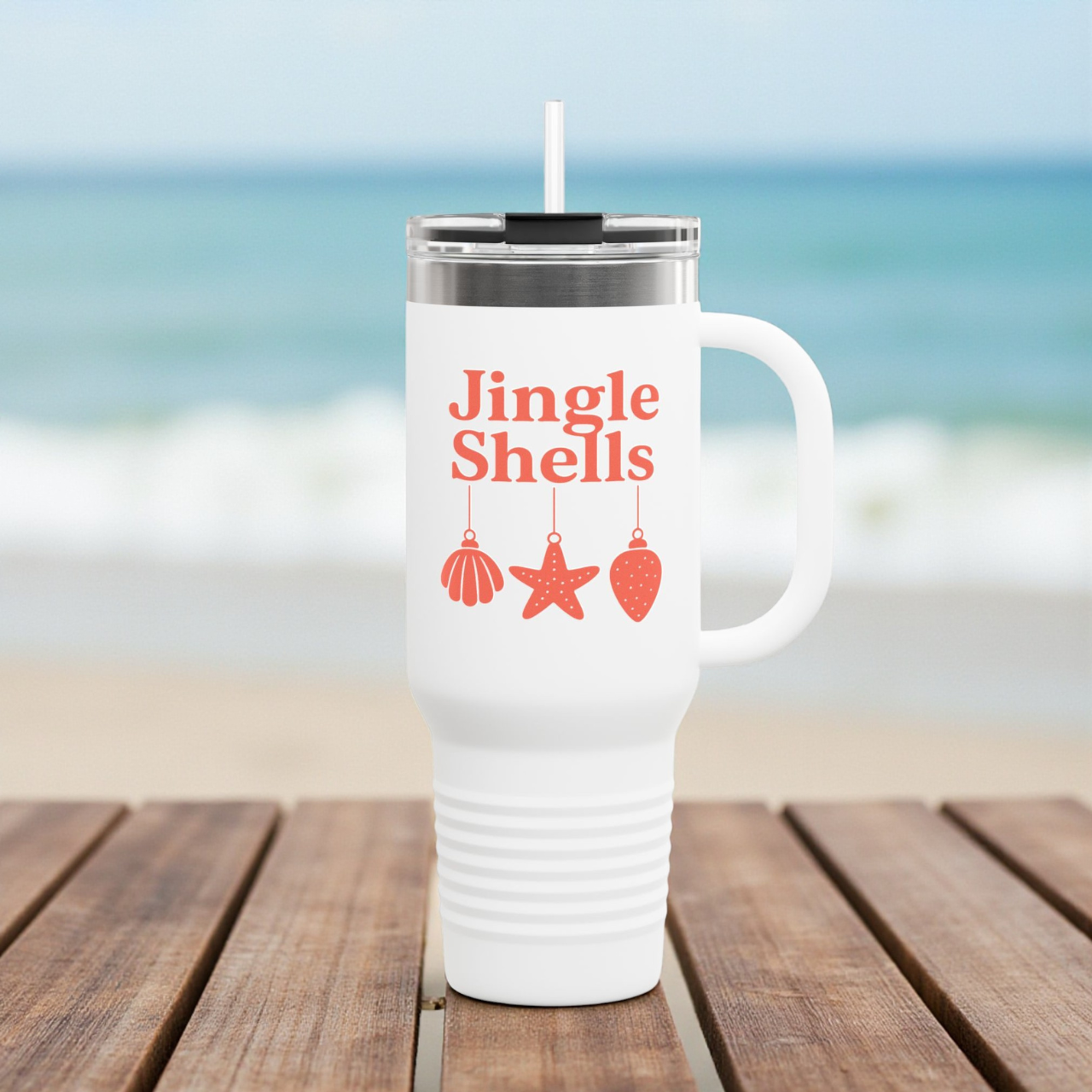 Jingle Shells Coastal Christmas Tumbler with Handle – 40oz Holiday Beach Mug with Straw product thumbnail image Jingle Shells Coastal Christmas Tumbler with Handle – 40oz Holiday Beach Mug with Straw product thumbnail image