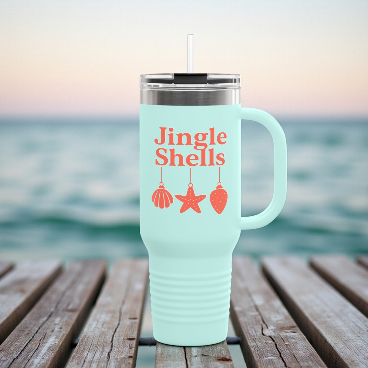 Jingle Shells Coastal Christmas Tumbler with Handle – 40oz Holiday Beach Mug with Straw product thumbnail image