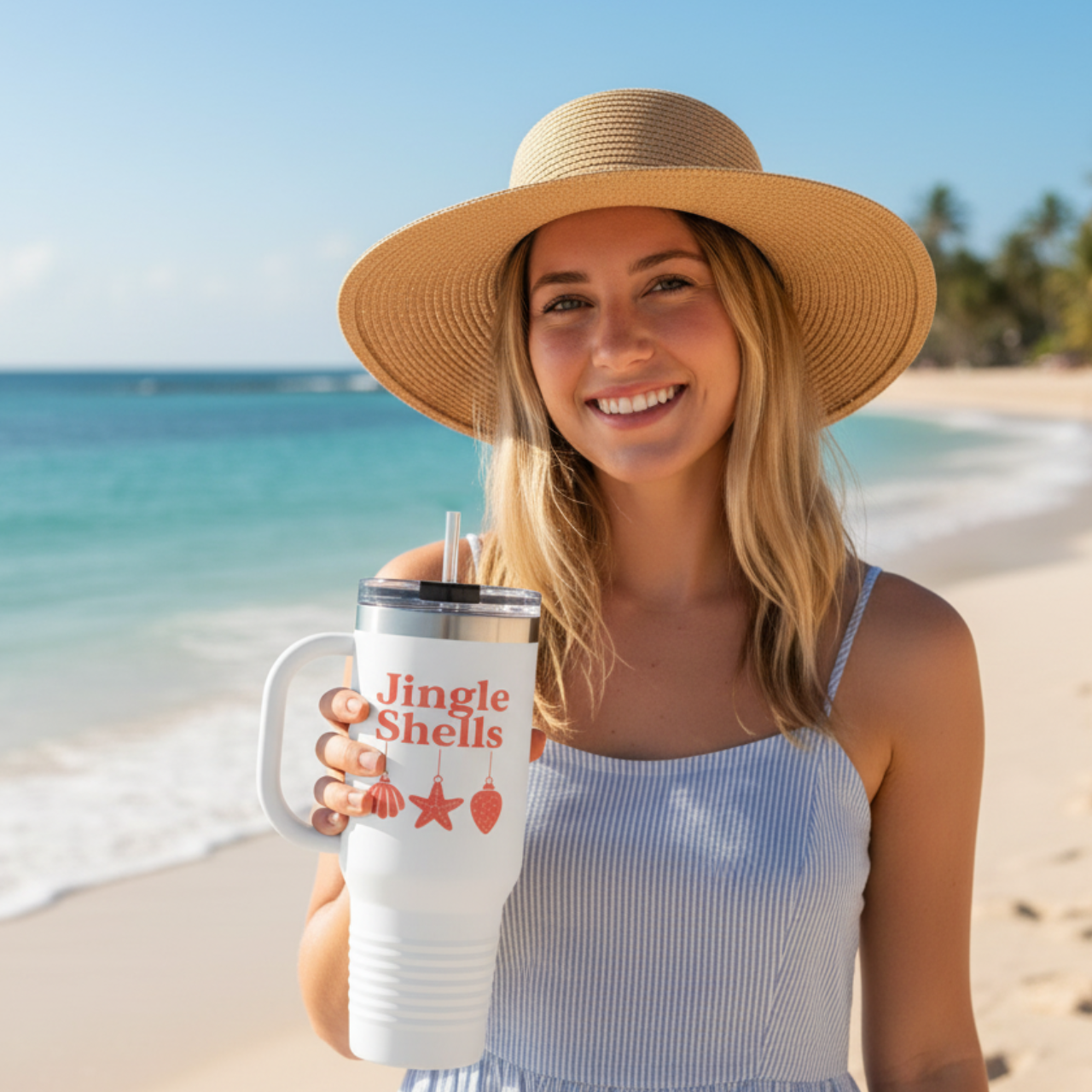 Jingle Shells Coastal Christmas Tumbler with Handle – 40oz Holiday Beach Mug with Straw product thumbnail image Jingle Shells Coastal Christmas Tumbler with Handle – 40oz Holiday Beach Mug with Straw product thumbnail image