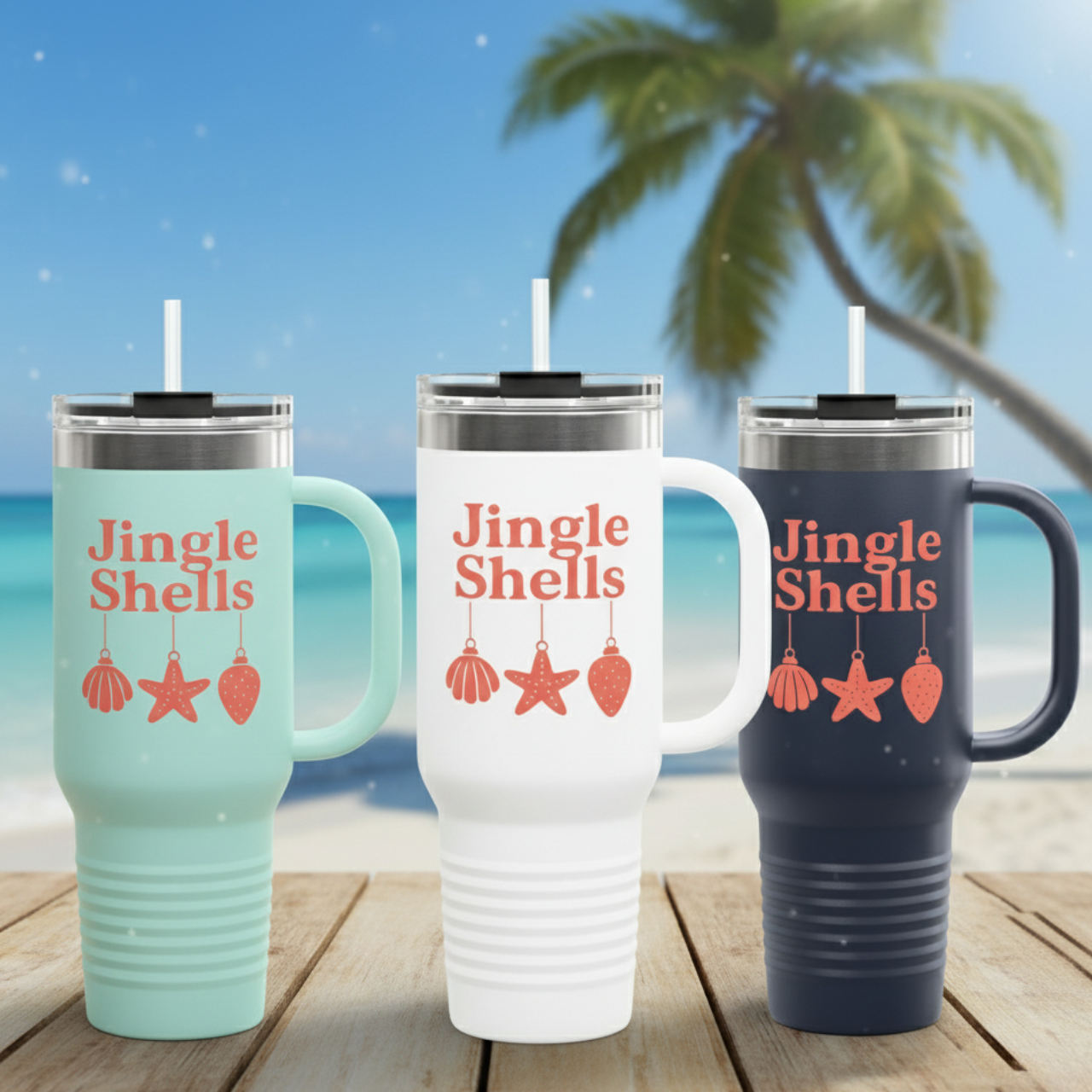 Jingle Shells Coastal Christmas Tumbler with Handle – 40oz Holiday Beach Mug with Straw product thumbnail image