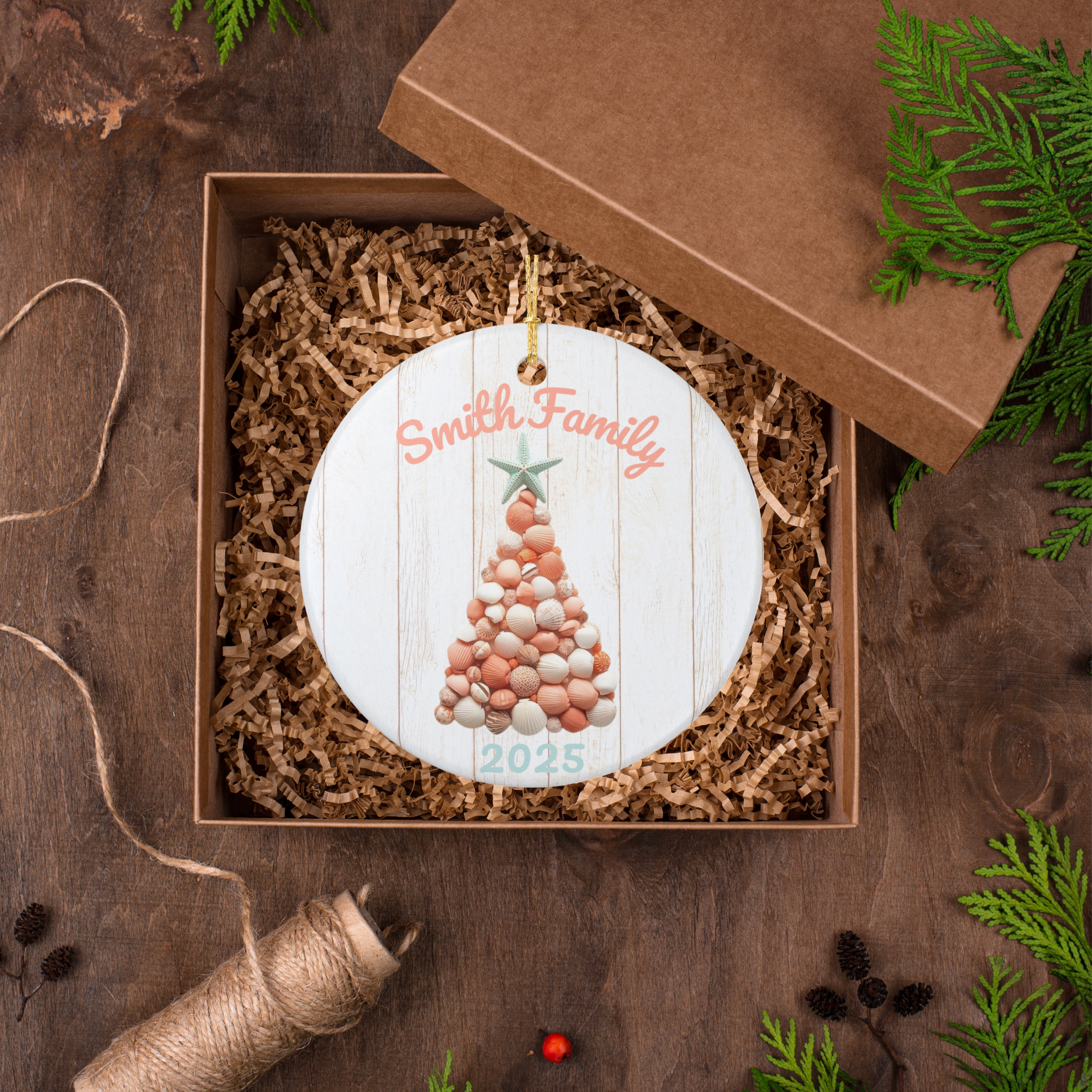 Personalized Coastal Seashell Christmas Ornament | Custom Family Name 2025 Holiday Keepsake product thumbnail image