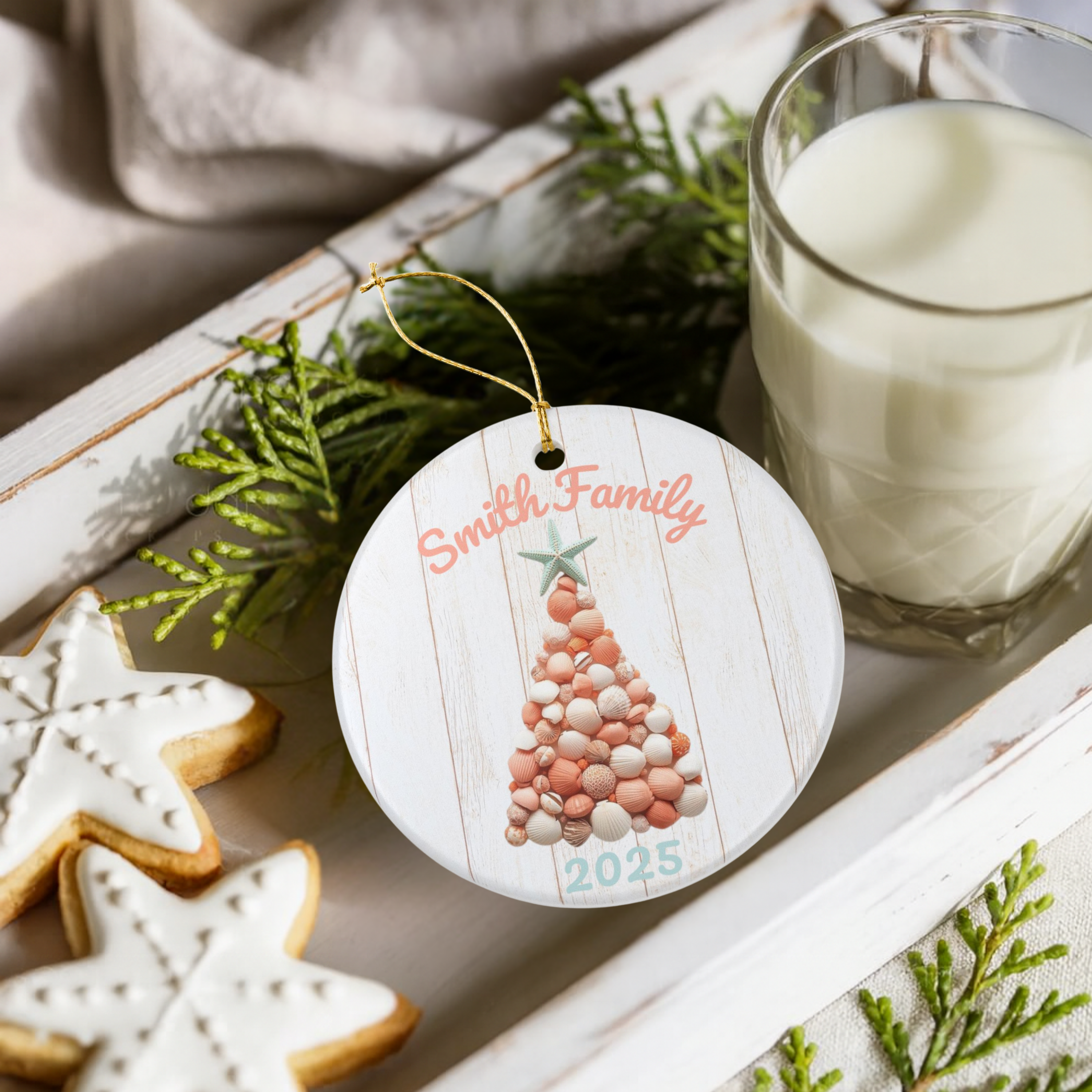 Personalized Coastal Seashell Christmas Ornament | Custom Family Name 2025 Holiday Keepsake product thumbnail image