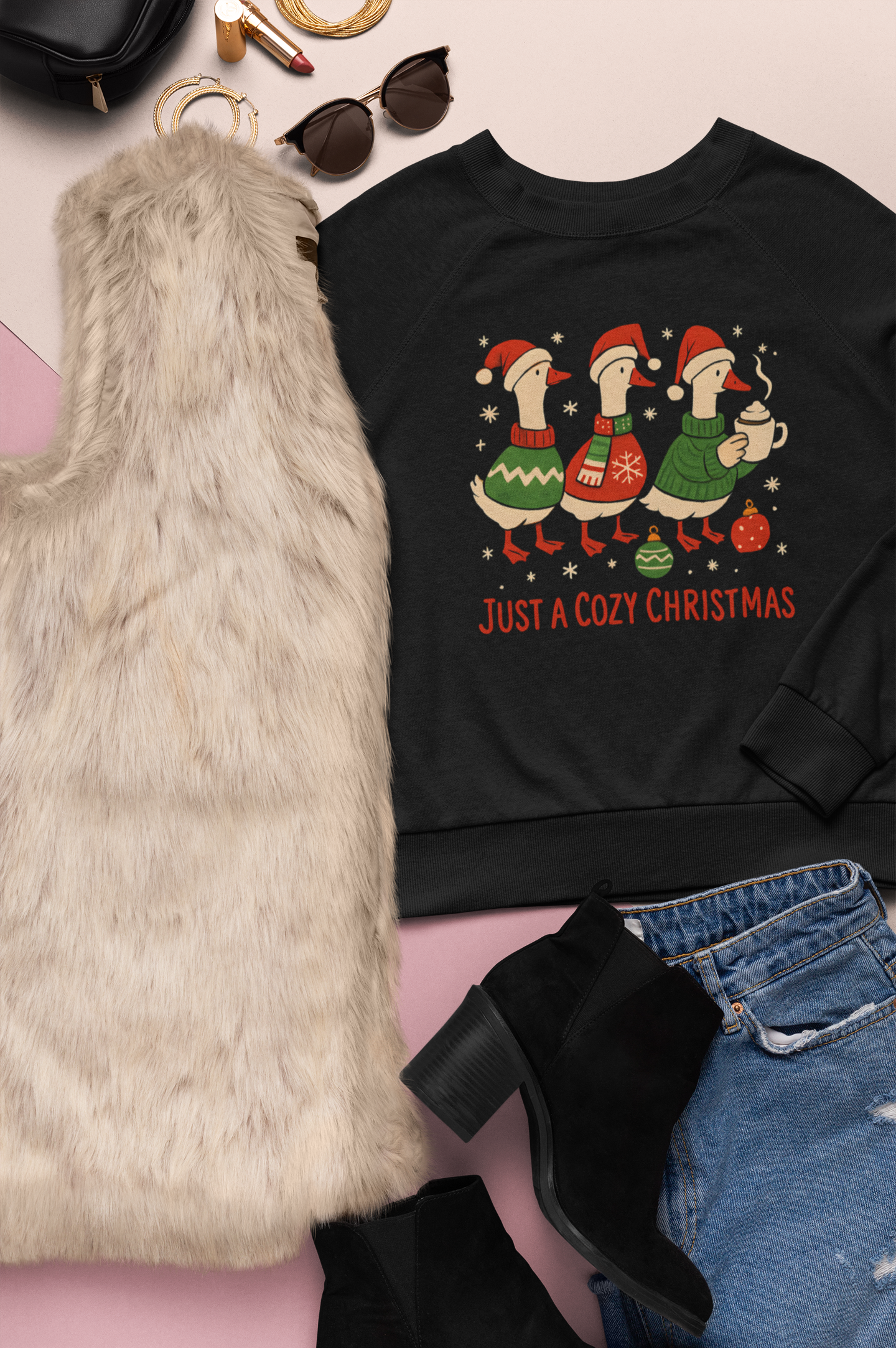 Holiday Sweatshirt with Festive Geese - Cozy Little Christmas