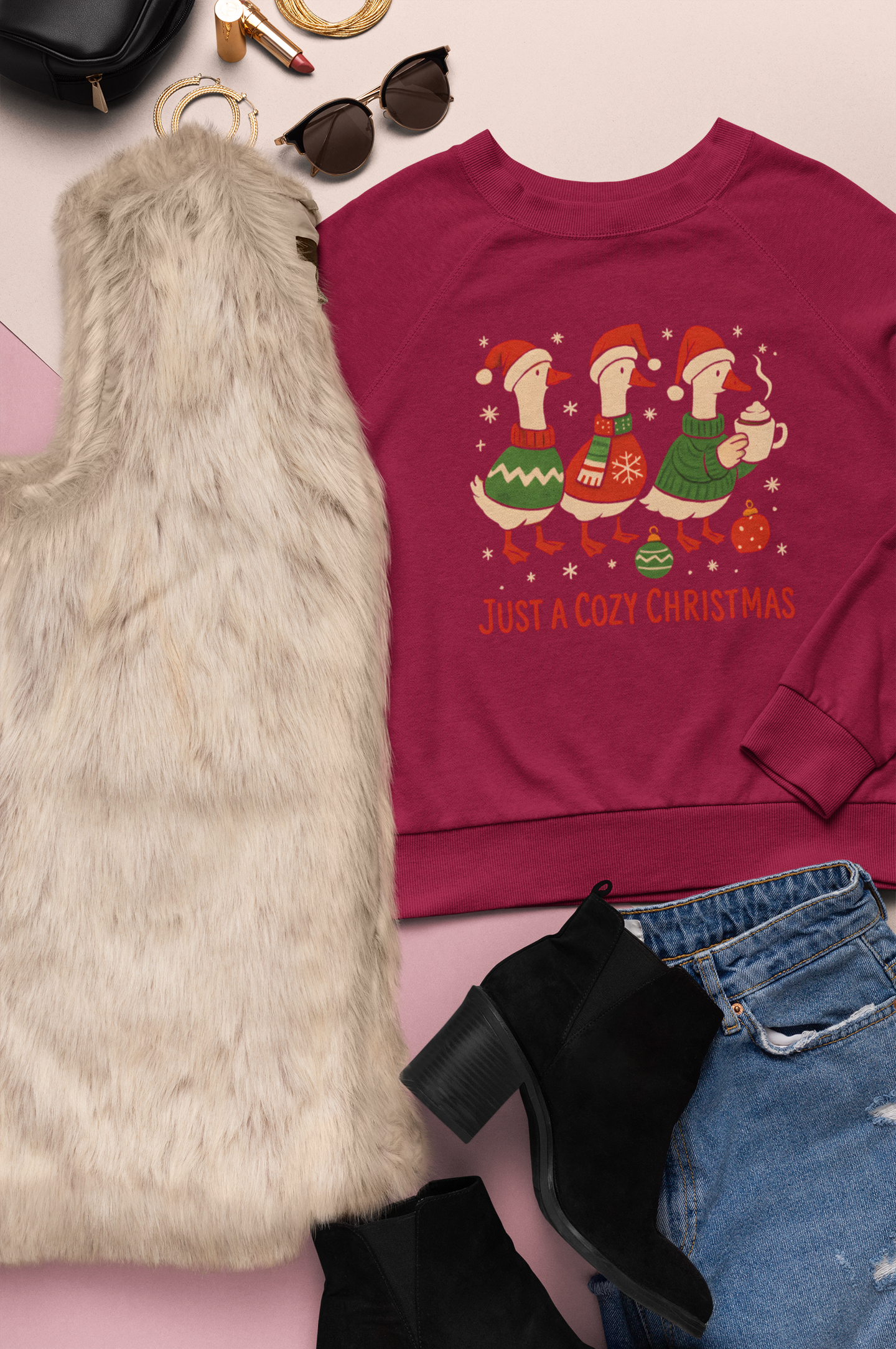 Holiday Sweatshirt with Festive Geese - Cozy Little Christmas product thumbnail image