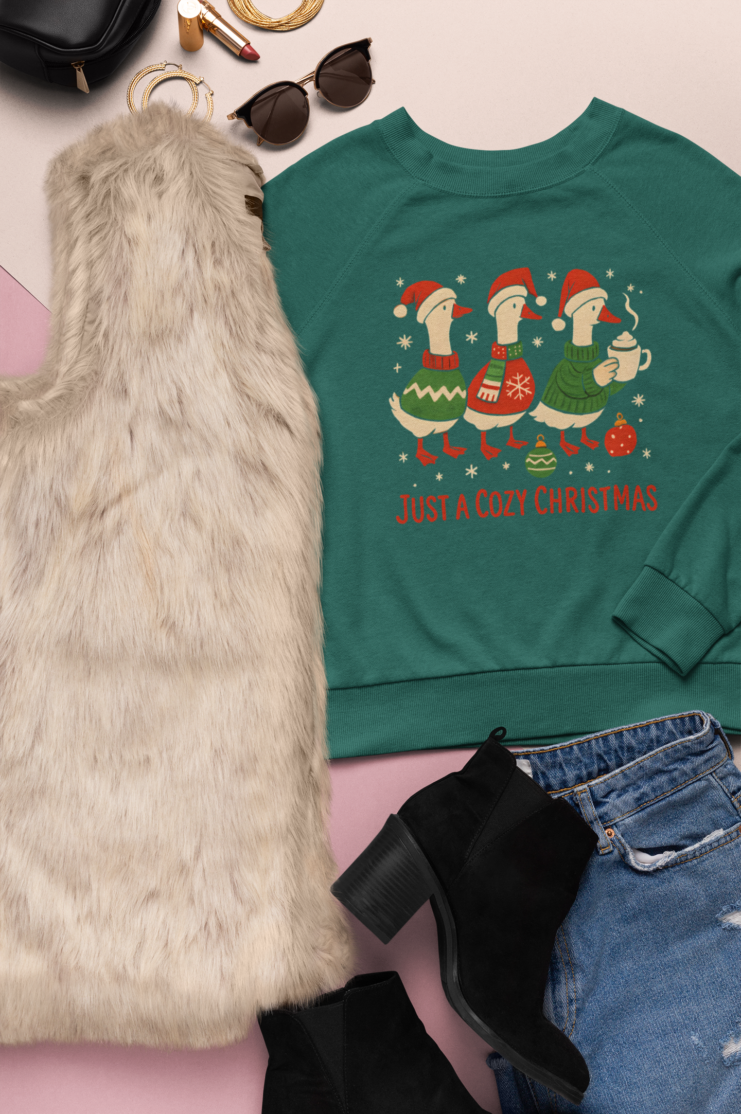 Holiday Sweatshirt with Festive Geese - Cozy Little Christmas product thumbnail image Holiday Sweatshirt with Festive Geese - Cozy Little Christmas product thumbnail image