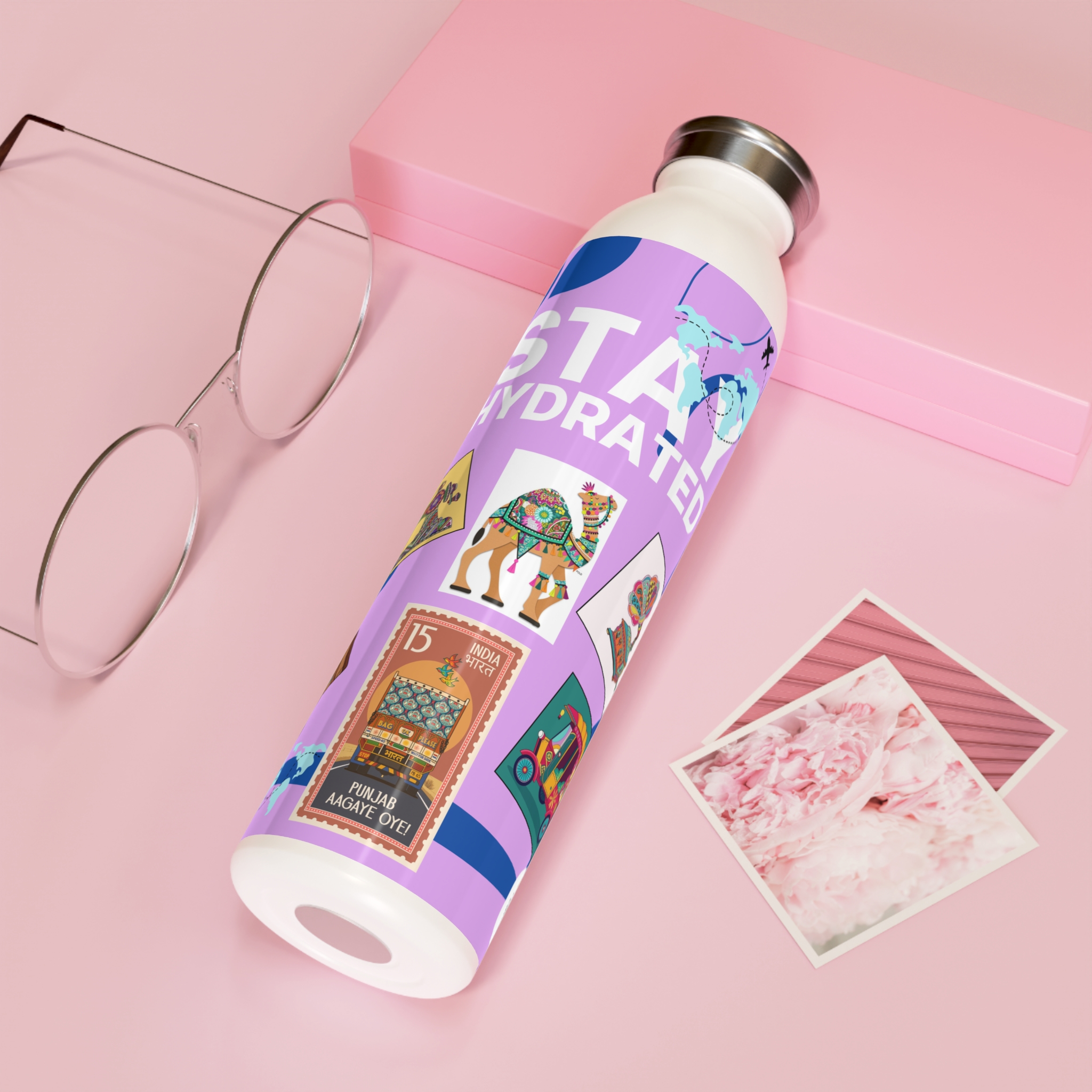 Travel-themed Water Bottle with Vintage Stamps Design product thumbnail image