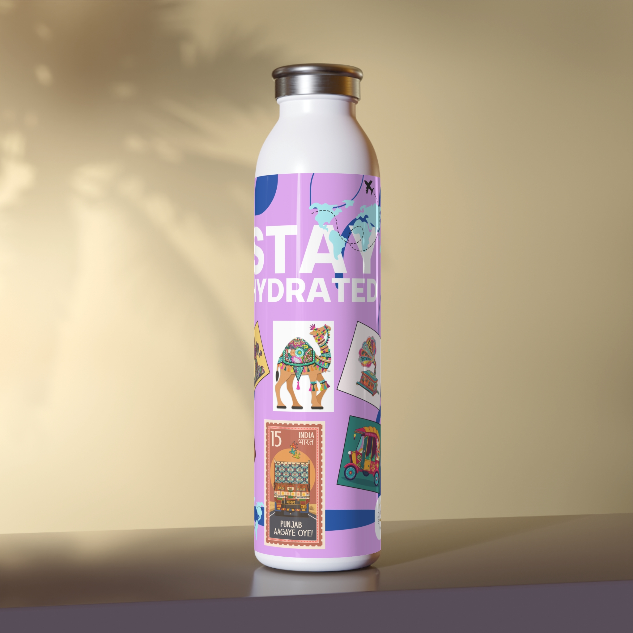 Travel-themed Water Bottle with Vintage Stamps Design Travel-themed Water Bottle with Vintage Stamps Design