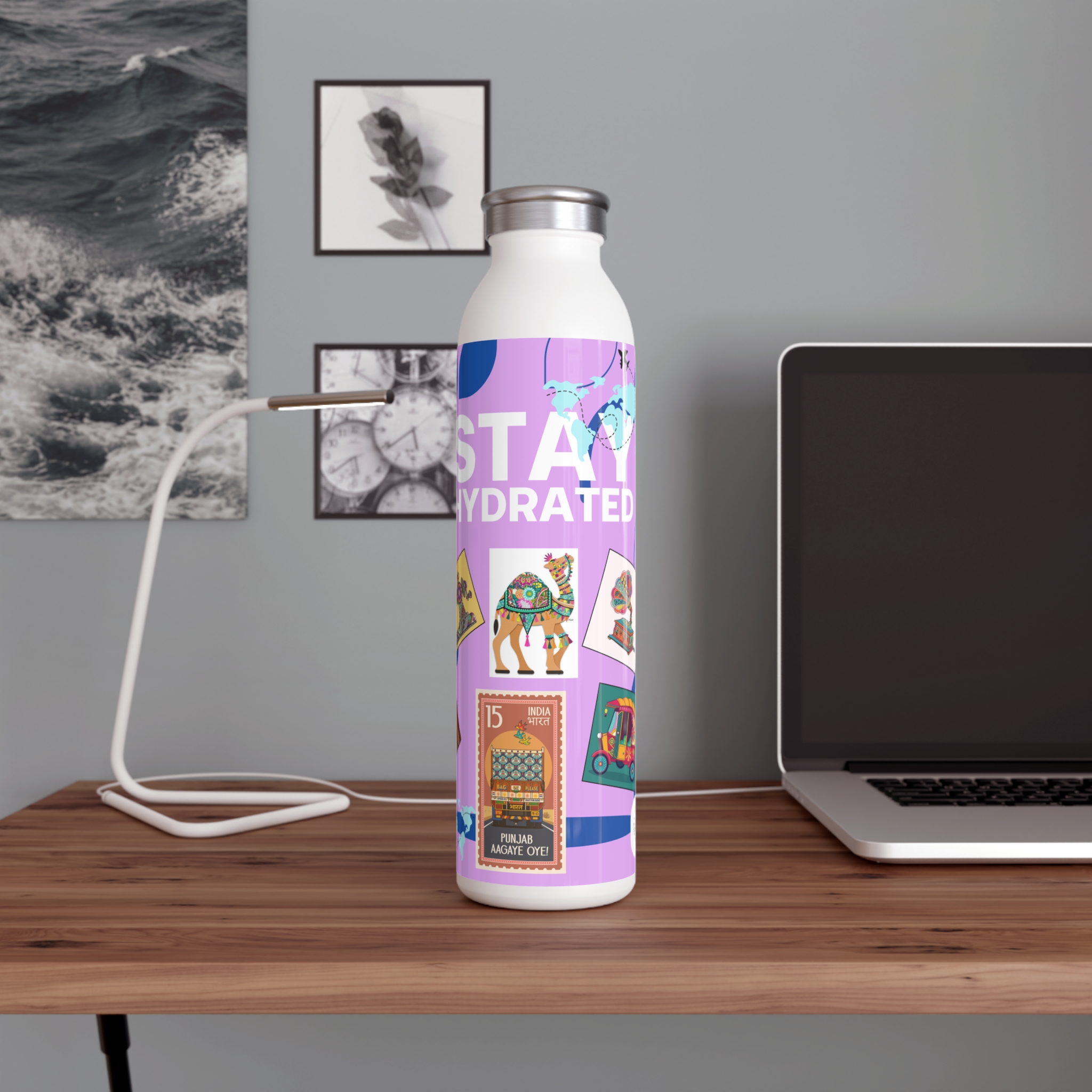 Travel-themed Water Bottle with Vintage Stamps Design product thumbnail image