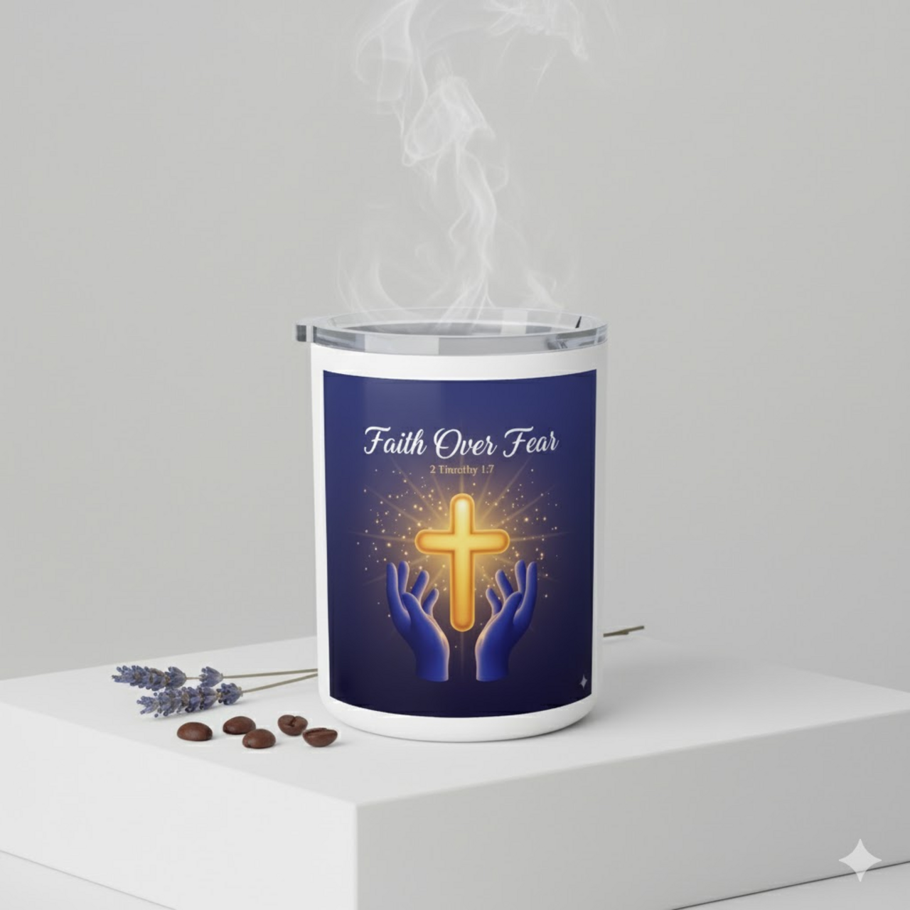 Faith Over Fear 10oz Insulated Coffee Mug — Christian Cross Travel Tumbler (2 Timothy 1:7) product thumbnail image Faith Over Fear 10oz Insulated Coffee Mug — Christian Cross Travel Tumbler (2 Timothy 1:7) product thumbnail image