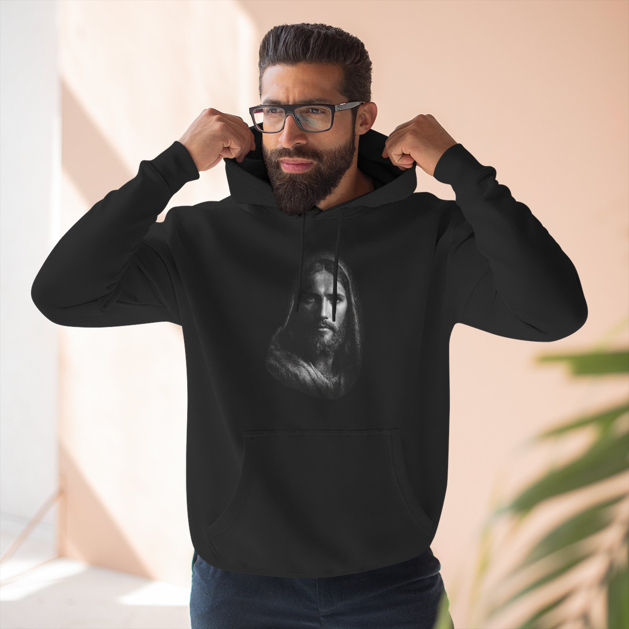 Christ Portrait Hoodie — Three-Panel Fleece Christian Hoodie with 'Christ' &amp; Script "I can do all things through Christ who strengthens me"  product thumbnail image