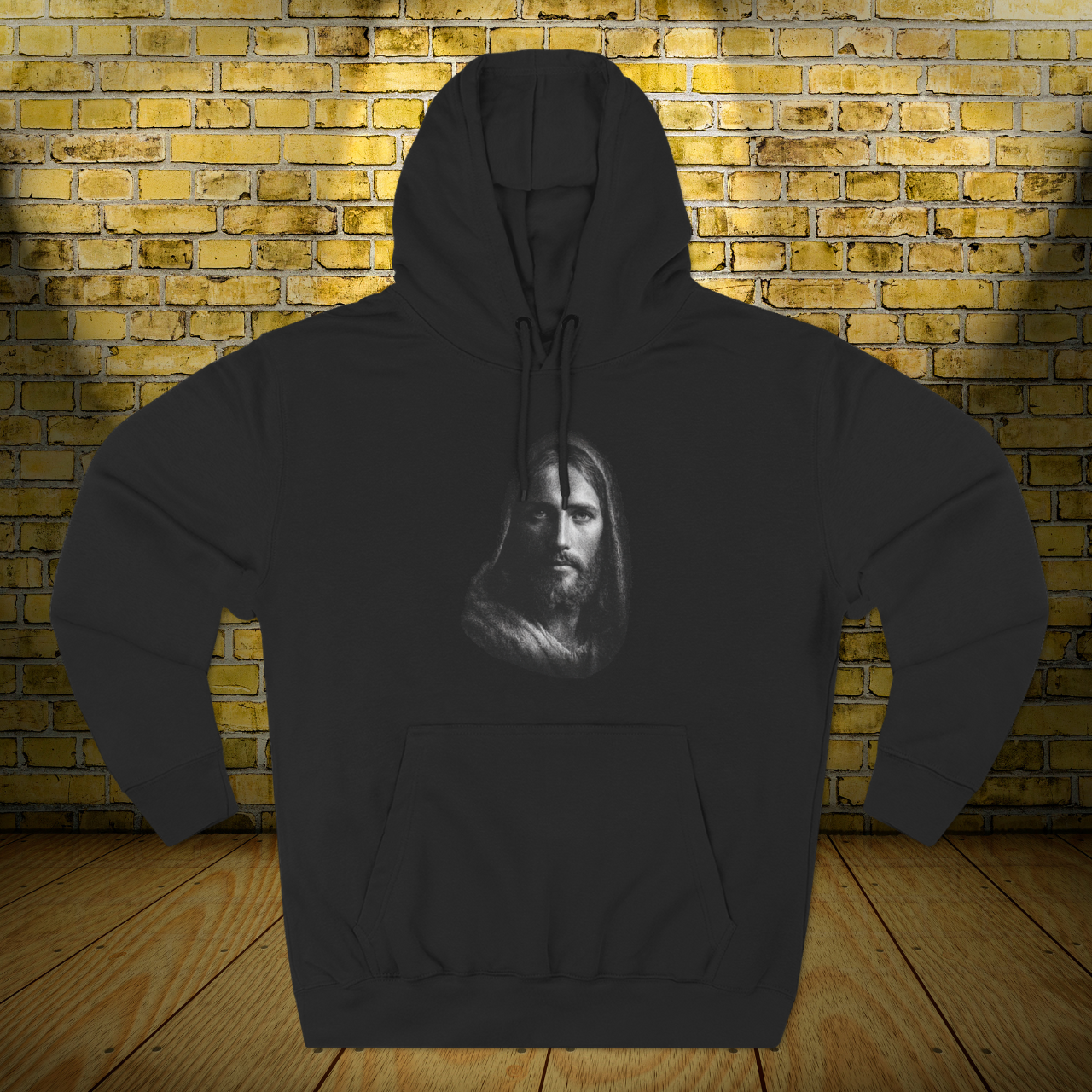 Christ Portrait Hoodie — Three-Panel Fleece Christian Hoodie with 'Christ' &amp; Script "I can do all things through Christ who strengthens me"  product thumbnail image