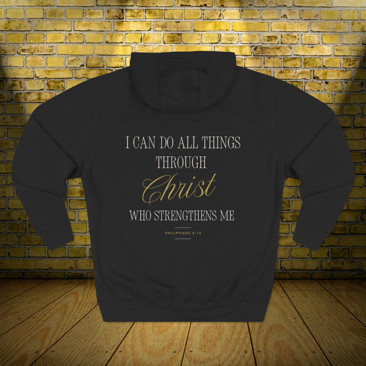 Christ Portrait Hoodie — Three-Panel Fleece Christian Hoodie with 'Christ' &amp; Script "I can do all things through Christ who strengthens me"  product thumbnail image
