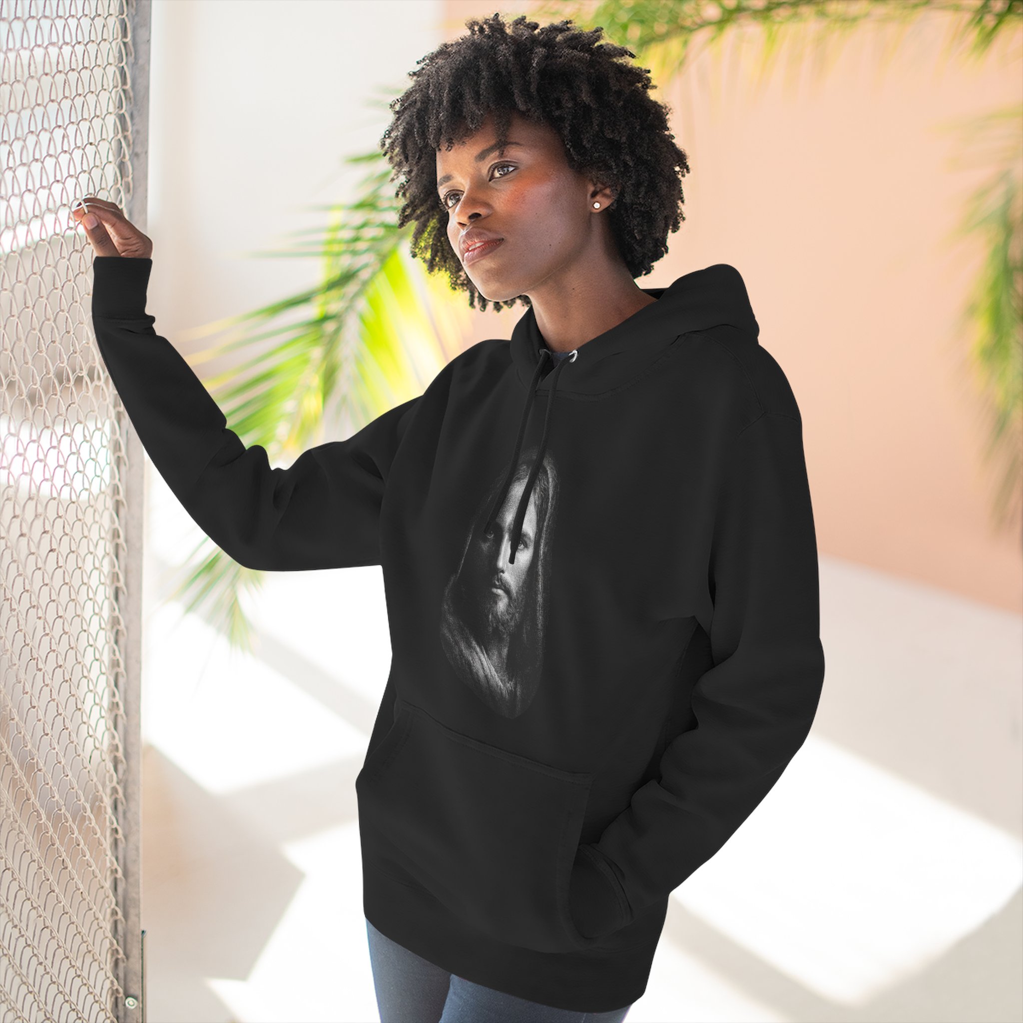 Christ Portrait Hoodie — Three-Panel Fleece Christian Hoodie with 'Christ' &amp; Script "I can do all things through Christ who strengthens me"  product thumbnail image