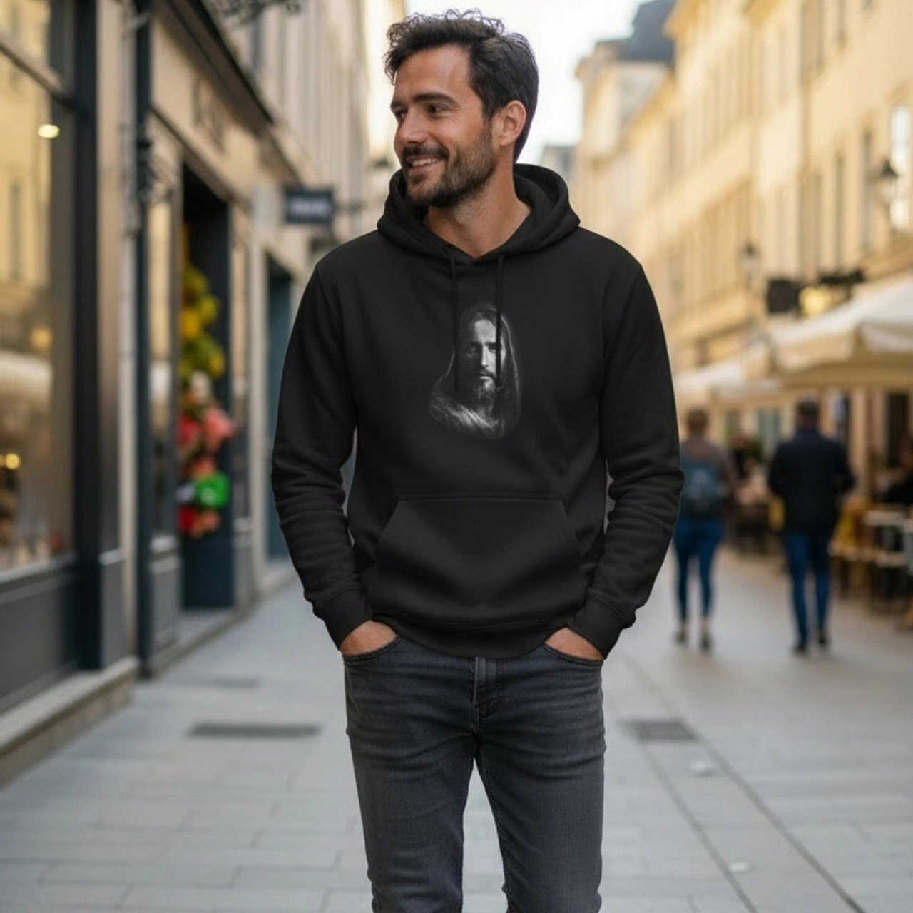 Christ Portrait Hoodie — Three-Panel Fleece Christian Hoodie with 'Christ' &amp; Script "I can do all things through Christ who strengthens me"  product thumbnail image