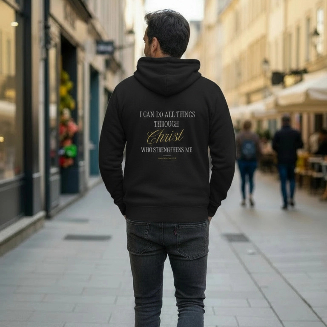 Christ Portrait Hoodie — Three-Panel Fleece Christian Hoodie with 'Christ' &amp; Script "I can do all things through Christ who strengthens me"  product thumbnail image