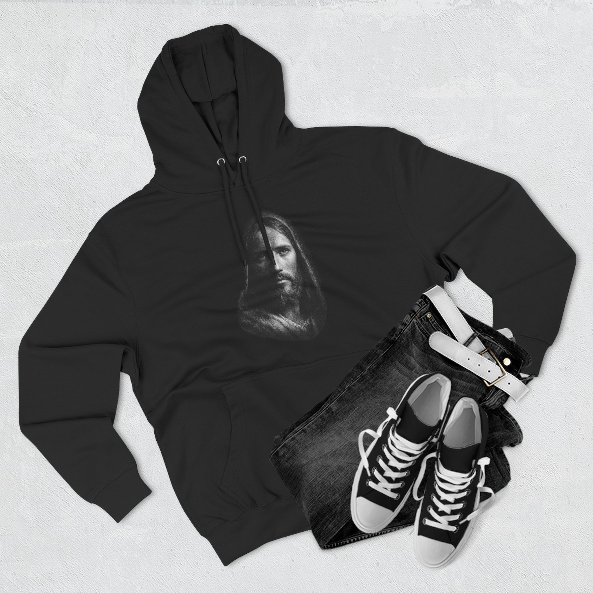 Christ Portrait Hoodie — Three-Panel Fleece Christian Hoodie with 'Christ' & Script "I can do all things through Christ who strengthens me" product thumbnail image Christ Portrait Hoodie — Three-Panel Fleece Christian Hoodie with 'Christ' & Script "I can do all things through Christ who strengthens me" product thumbnail image