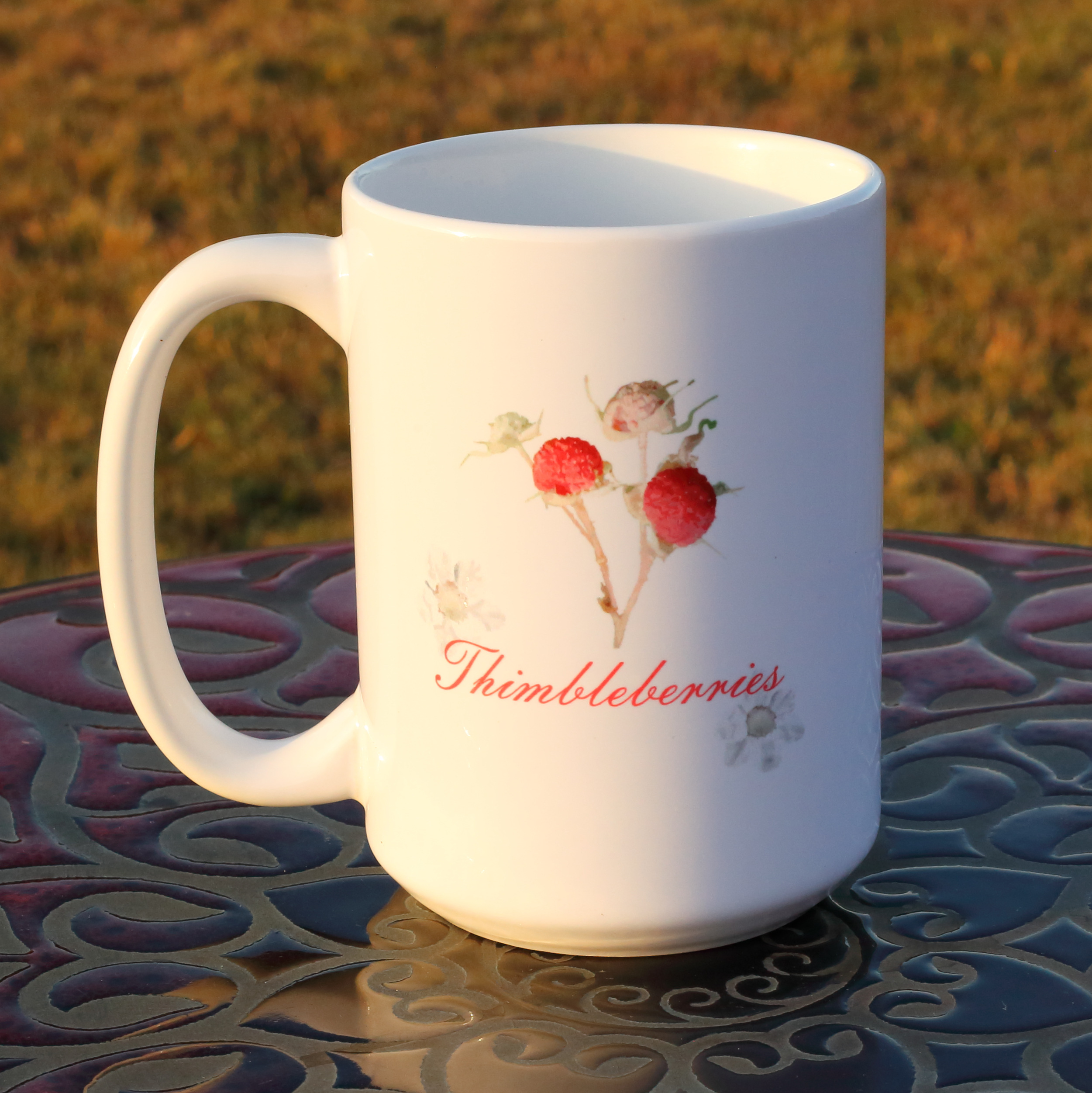 Thimbleberry All White 15oz Mug | Thimbleberries on Stem