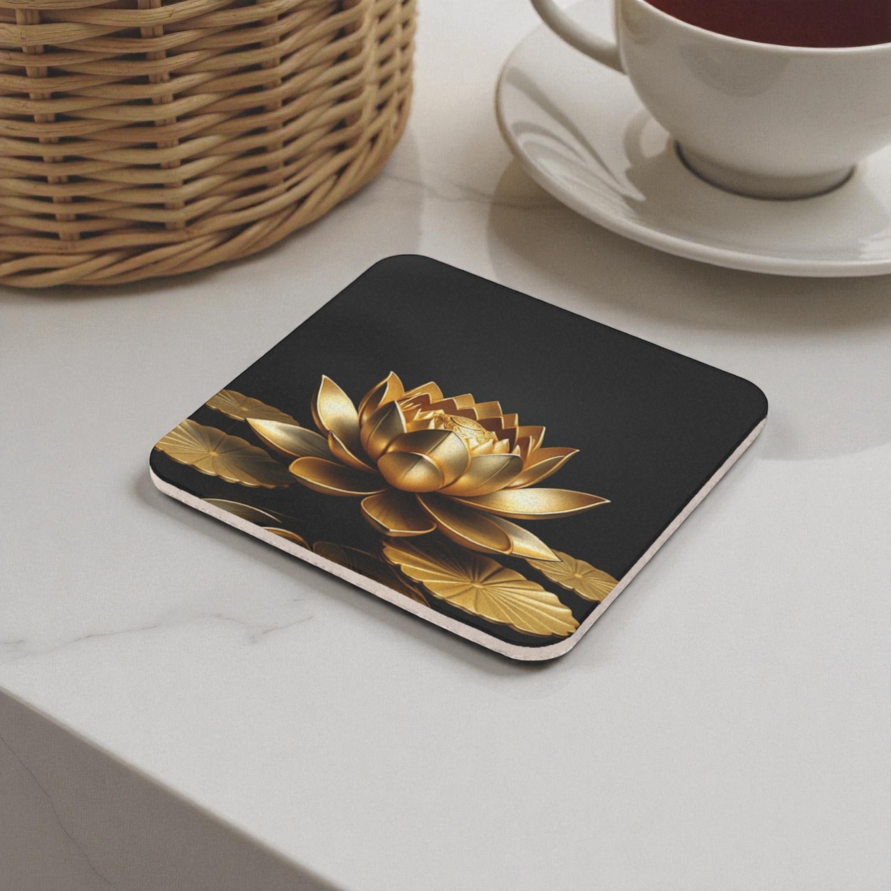 Zen Elegance Golden Lotus Cork Back Coaster