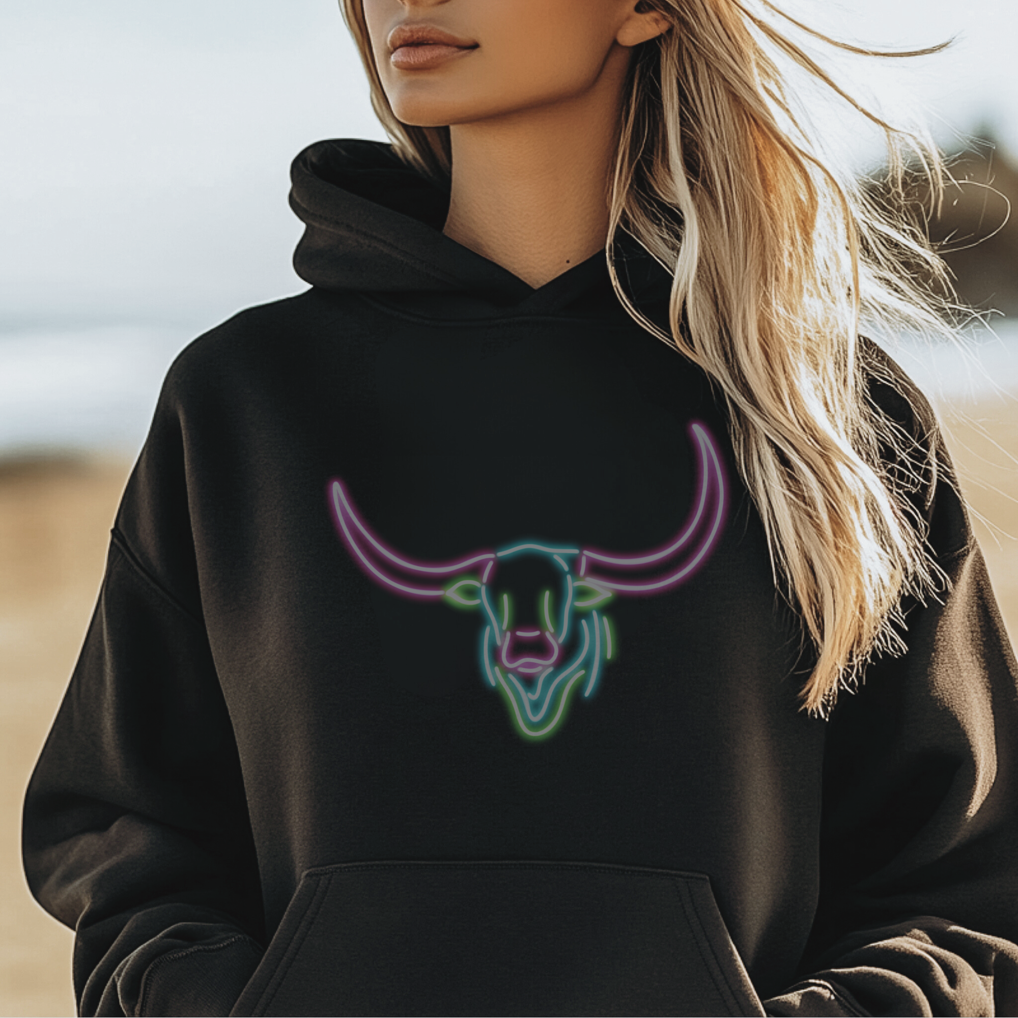 Neon Light Longhorn - Unisex Fleece Hoodie product thumbnail image