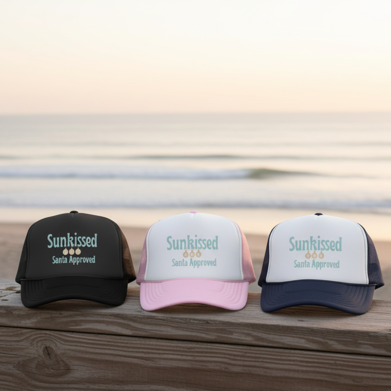 Sunkissed Santa Approved Trucker Hat | Coastal Christmas Beach Hat | Retro Holiday Mesh Cap | Summer Lovin’ Coastal Style product thumbnail image