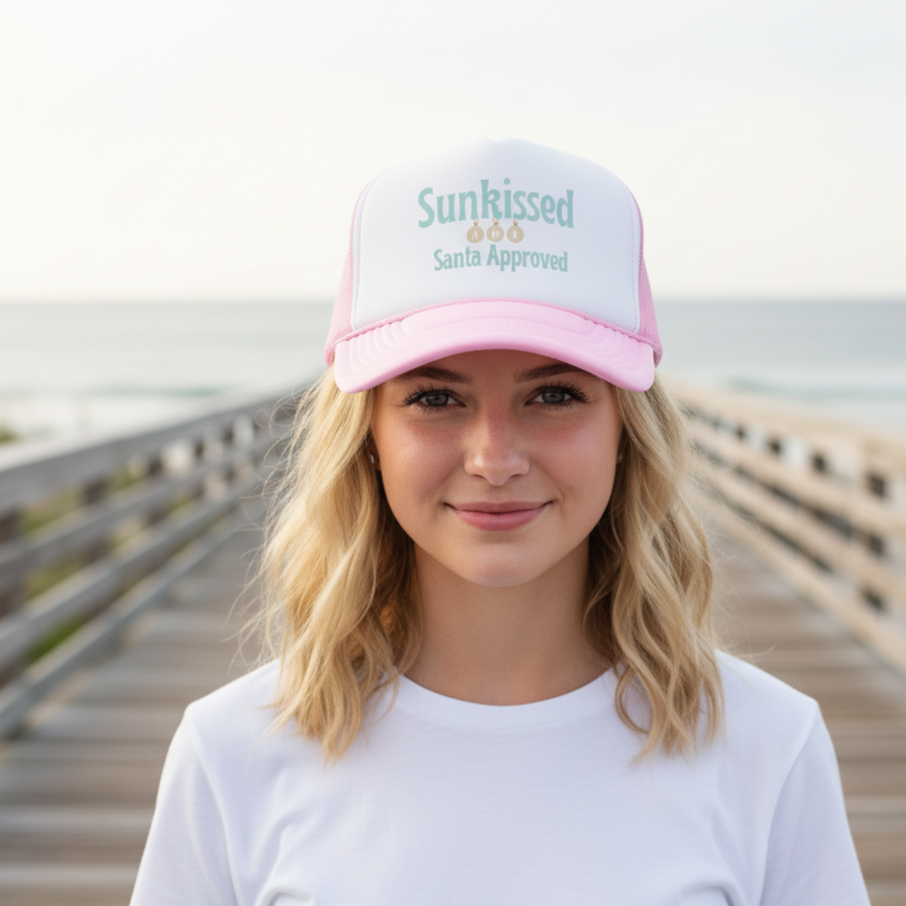 Sunkissed Santa Approved Trucker Hat | Coastal Christmas Beach Hat | Retro Holiday Mesh Cap | Summer Lovin’ Coastal Style product thumbnail image