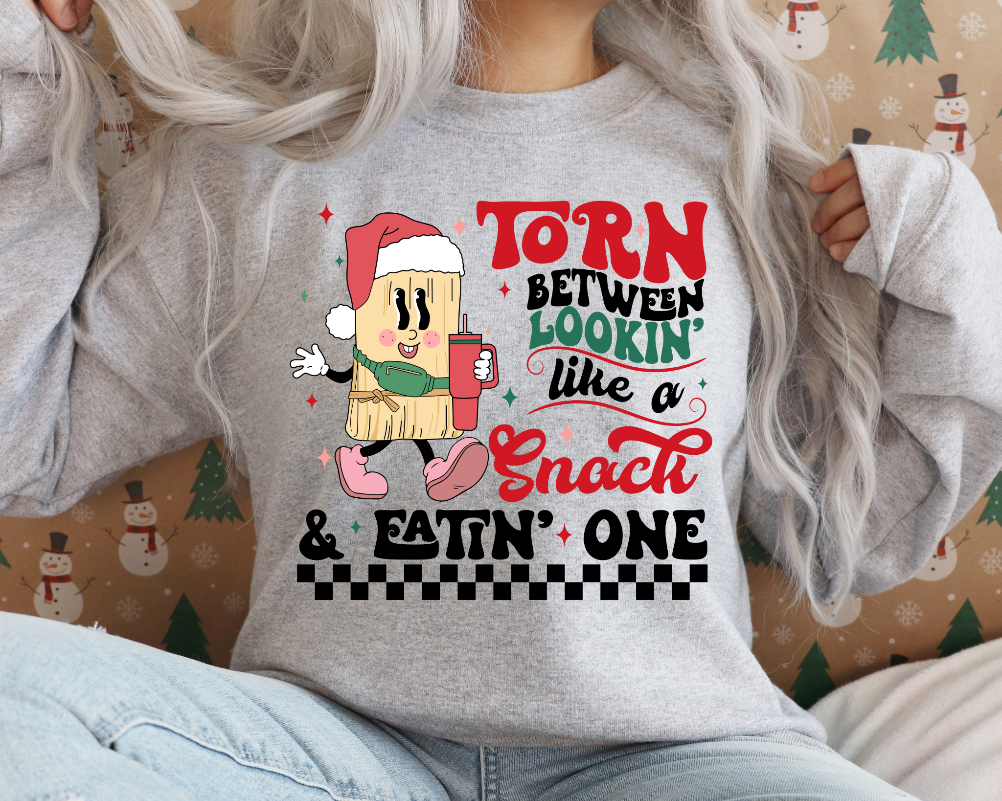 Crewneck Sweatshirt – “Torn Between Lookin’ Like a Snack &amp; Eatin’ One” Holiday Snack Graphic product thumbnail image
