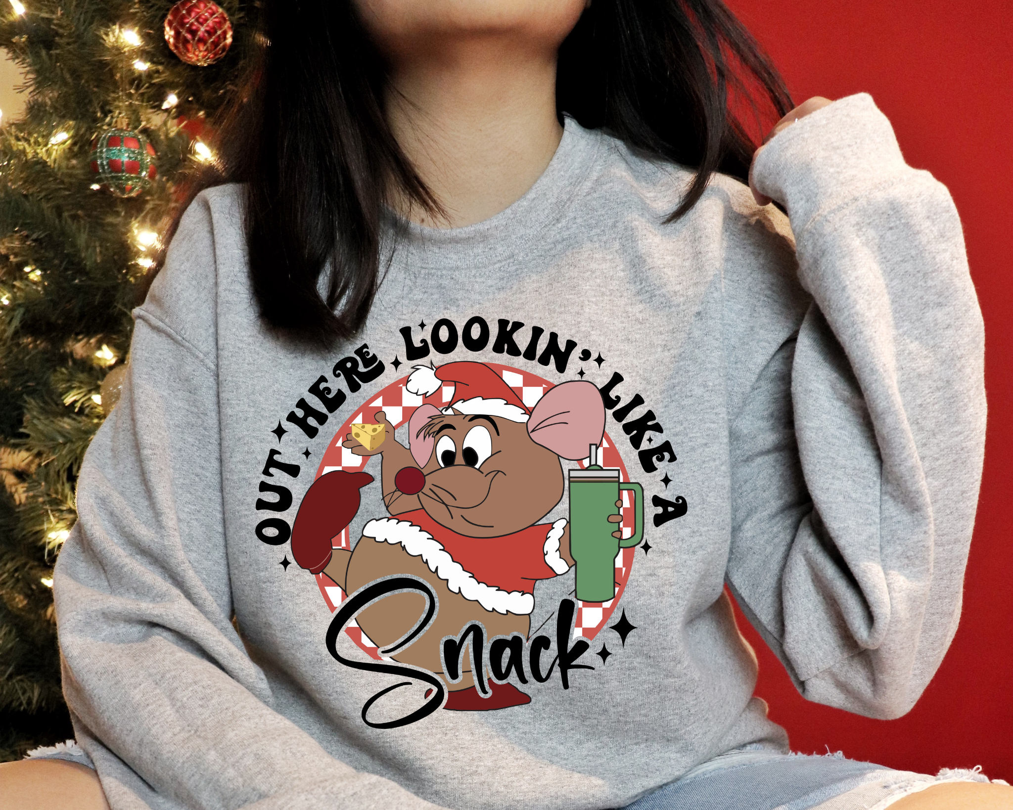 Crewneck Sweatshirt — 'Out Here Lookin' Like A Snack' Cute Holiday Mouse Graphic product thumbnail image