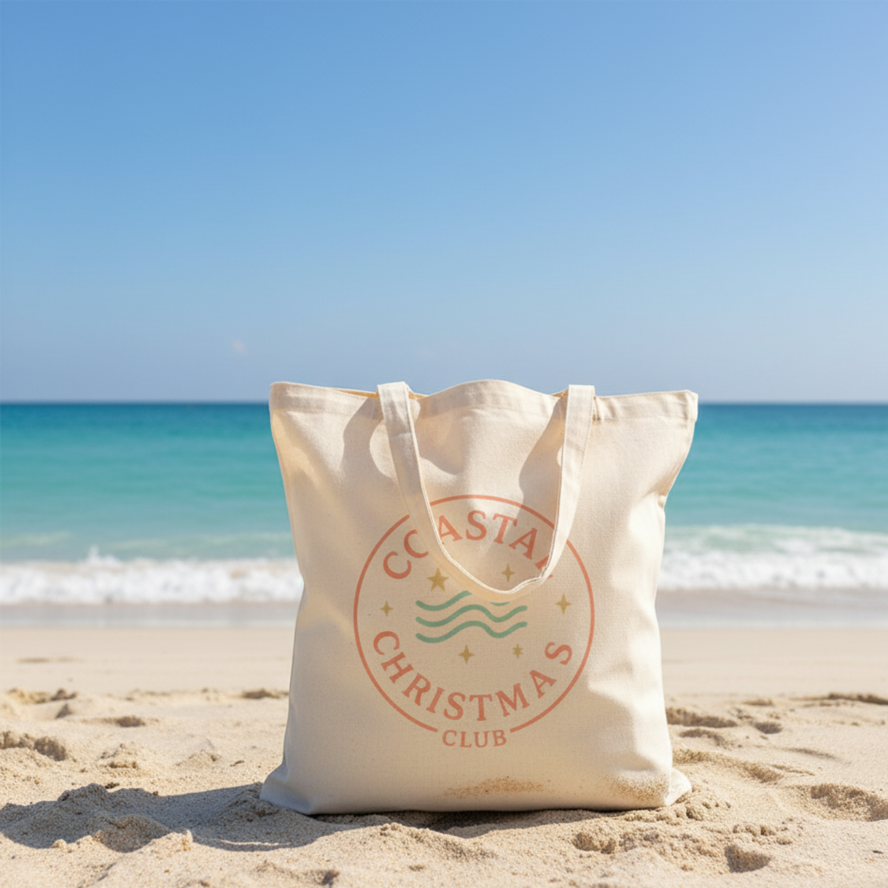 Coastal Christmas Club Tote Bag | Beach Holiday Canvas Bag | Coastal Christmas Gift | Beachy Holiday Tote | Seashells &amp; Sunshine Christmas Bag | Eco-Friendly Cotton Tote | Summer Christmas Vibes | Coastal Decor Gift Idea product thumbnail image