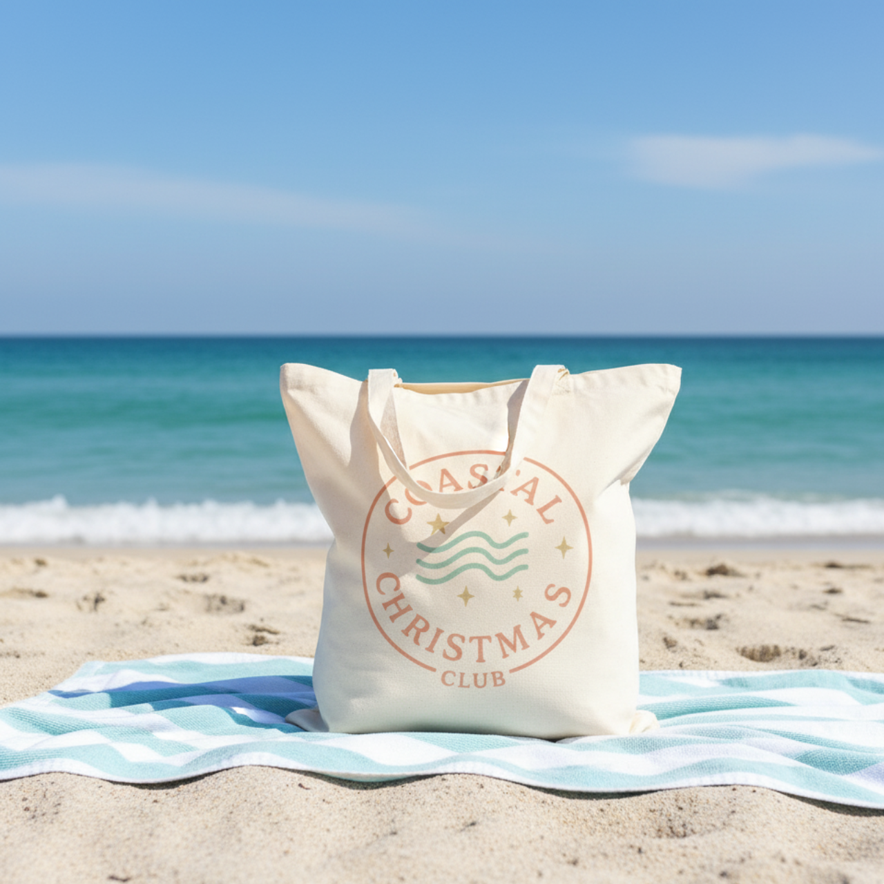Coastal Christmas Club Tote Bag | Beach Holiday Canvas Bag | Coastal Christmas Gift | Beachy Holiday Tote | Seashells &amp; Sunshine Christmas Bag | Eco-Friendly Cotton Tote | Summer Christmas Vibes | Coastal Decor Gift Idea product thumbnail image