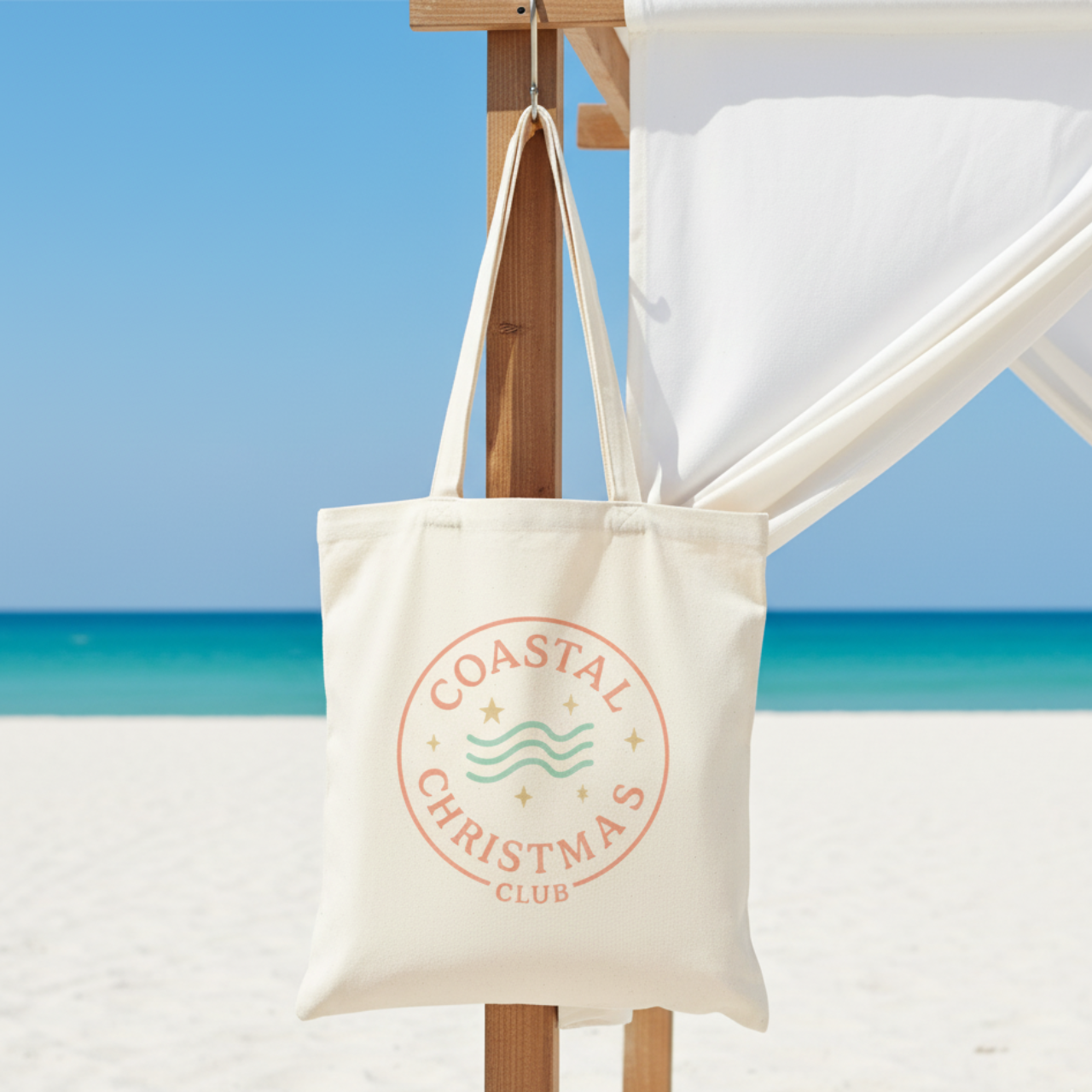 Coastal Christmas Club Tote Bag | Beach Holiday Canvas Bag | Coastal Christmas Gift | Beachy Holiday Tote | Seashells &amp; Sunshine Christmas Bag | Eco-Friendly Cotton Tote | Summer Christmas Vibes | Coastal Decor Gift Idea product thumbnail image