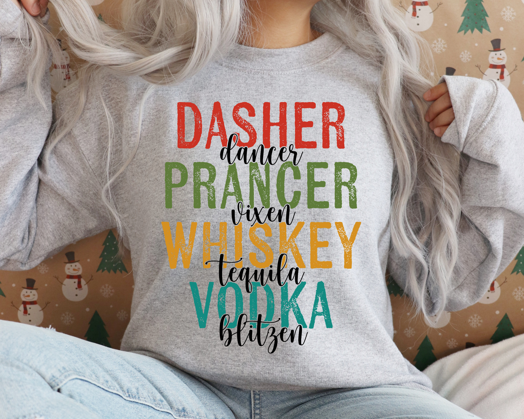 Holiday Reindeer Whiskey &amp; Vodka Sweatshirt — Dasher Prancer Whiskey Vodka Christmas Crewneck product thumbnail image