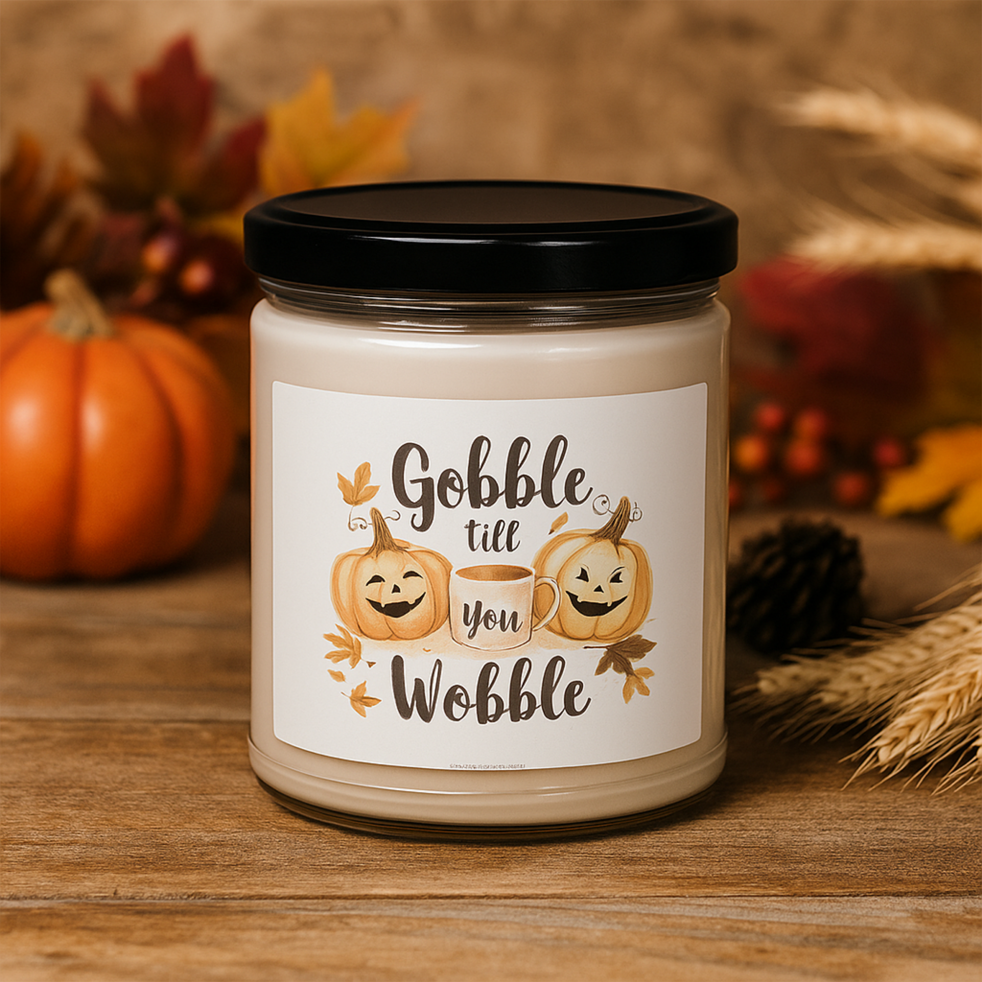 Gobble Till You Wobble Candle | Funny Thanksgiving Pumpkin Candle | Rustic Fall Decor Gift | Scented Soy Candle 9oz | Cozy Autumn Home Gift product thumbnail image