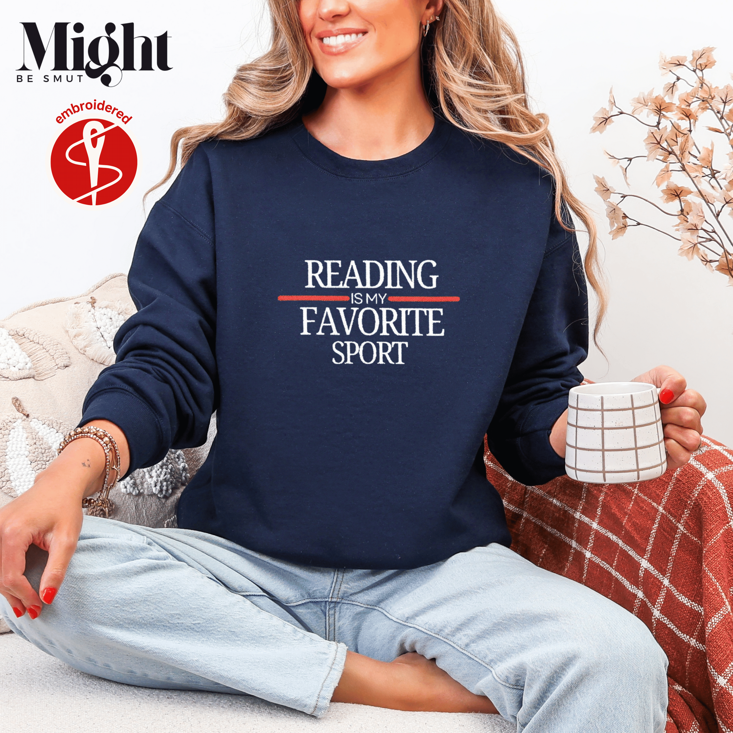 Embroidered Reading Is My Favorite Sport Crewneck Sweatshirt product thumbnail image Embroidered Reading Is My Favorite Sport Crewneck Sweatshirt product thumbnail image