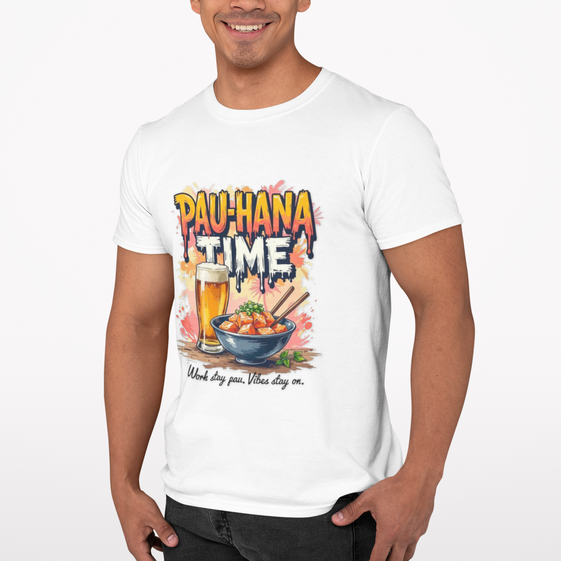 Pau Hana Time – Beer + Poke Hawaii Slang Unisex Tee product thumbnail image Pau Hana Time – Beer + Poke Hawaii Slang Unisex Tee product thumbnail image
