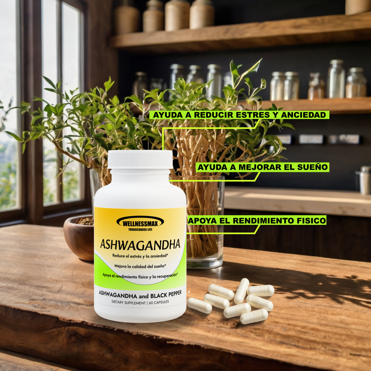 Ashwagandha en capsulas suplemento antiestrés. Ashwagandha en capsulas suplemento antiestrés.