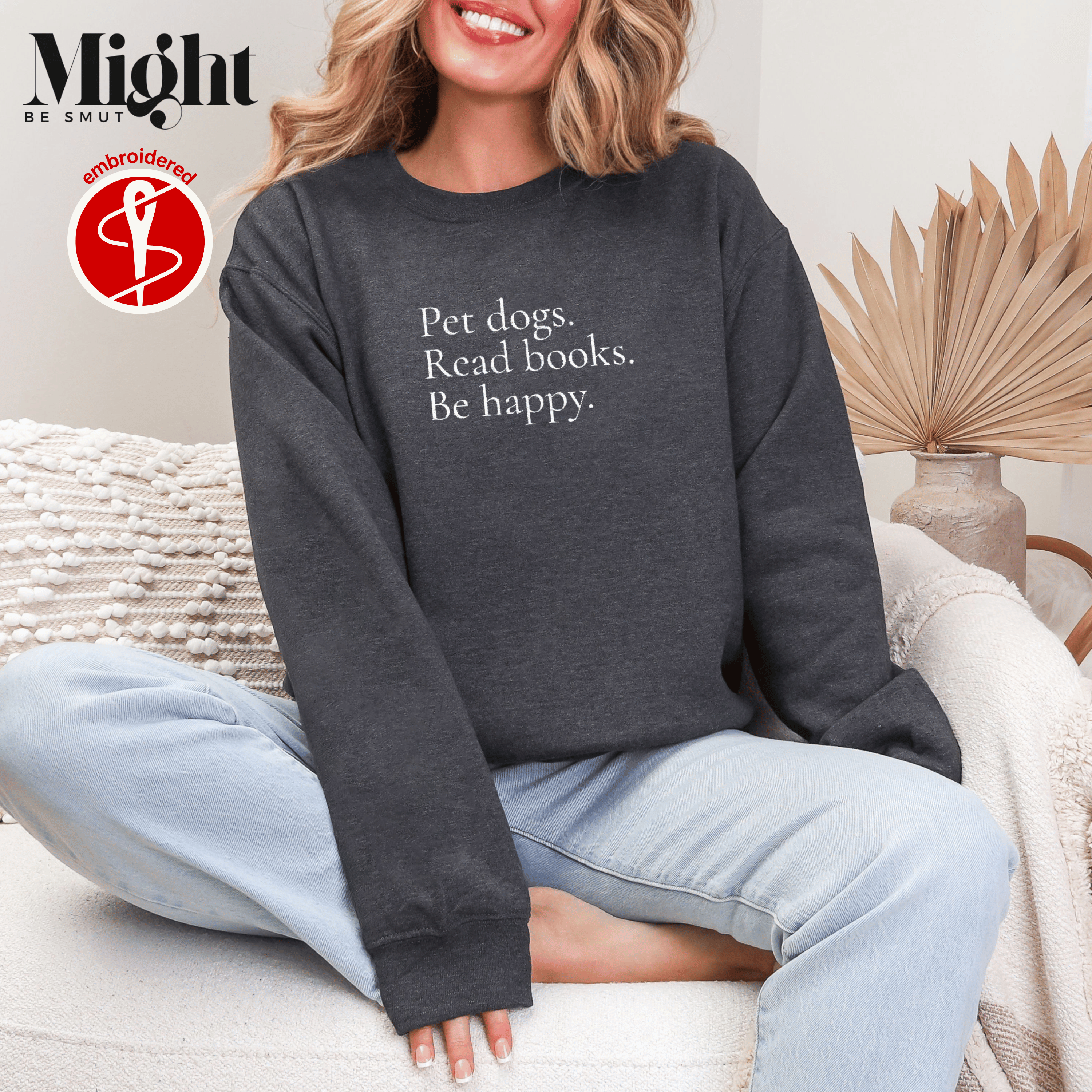 Embroidered Crewneck Sweatshirt Pet Dogs Read Books Be Happy product thumbnail image