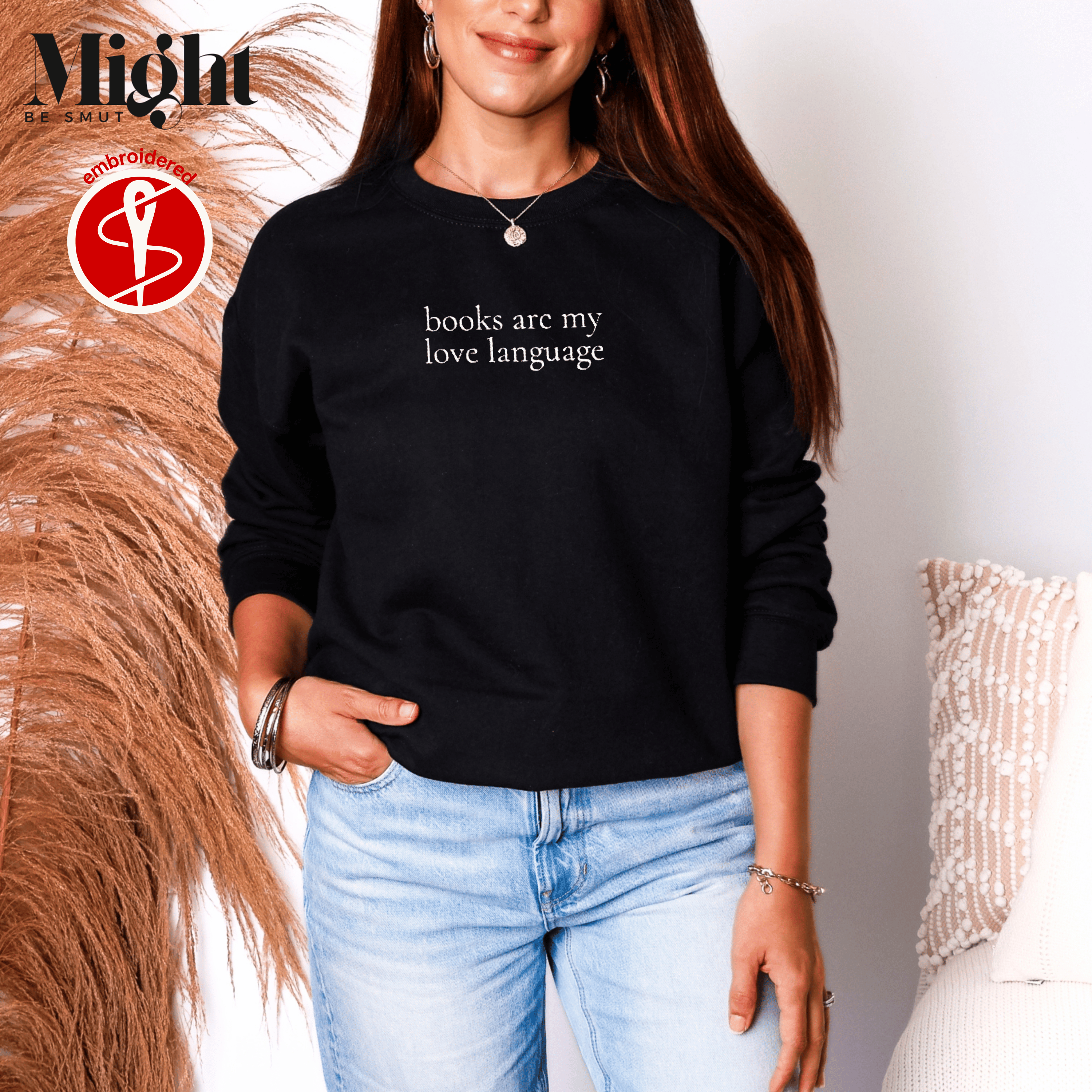 Embroidered Books Are My Love Language Crewneck Sweatshirt product thumbnail image Embroidered Books Are My Love Language Crewneck Sweatshirt product thumbnail image