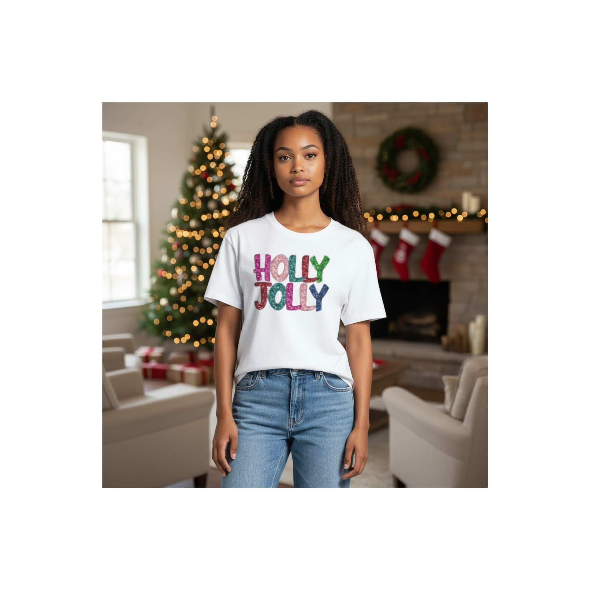 Holly Jolly Christmas T-Shirt, Festive Holiday Tee, Faux Sequin Print Shirt, Christmas Spirit T-Shirt product thumbnail image Holly Jolly Christmas T-Shirt, Festive Holiday Tee, Faux Sequin Print Shirt, Christmas Spirit T-Shirt product thumbnail image