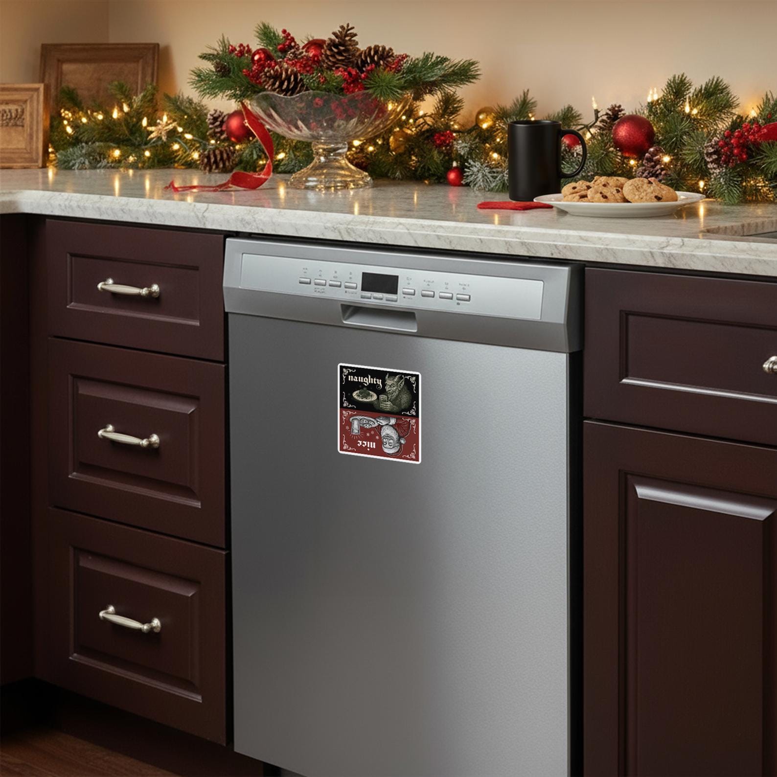 Naughty or Nice Reversible Dishwasher Magnet | Santa &amp; Krampus Christmas Kitchen Decor product thumbnail image