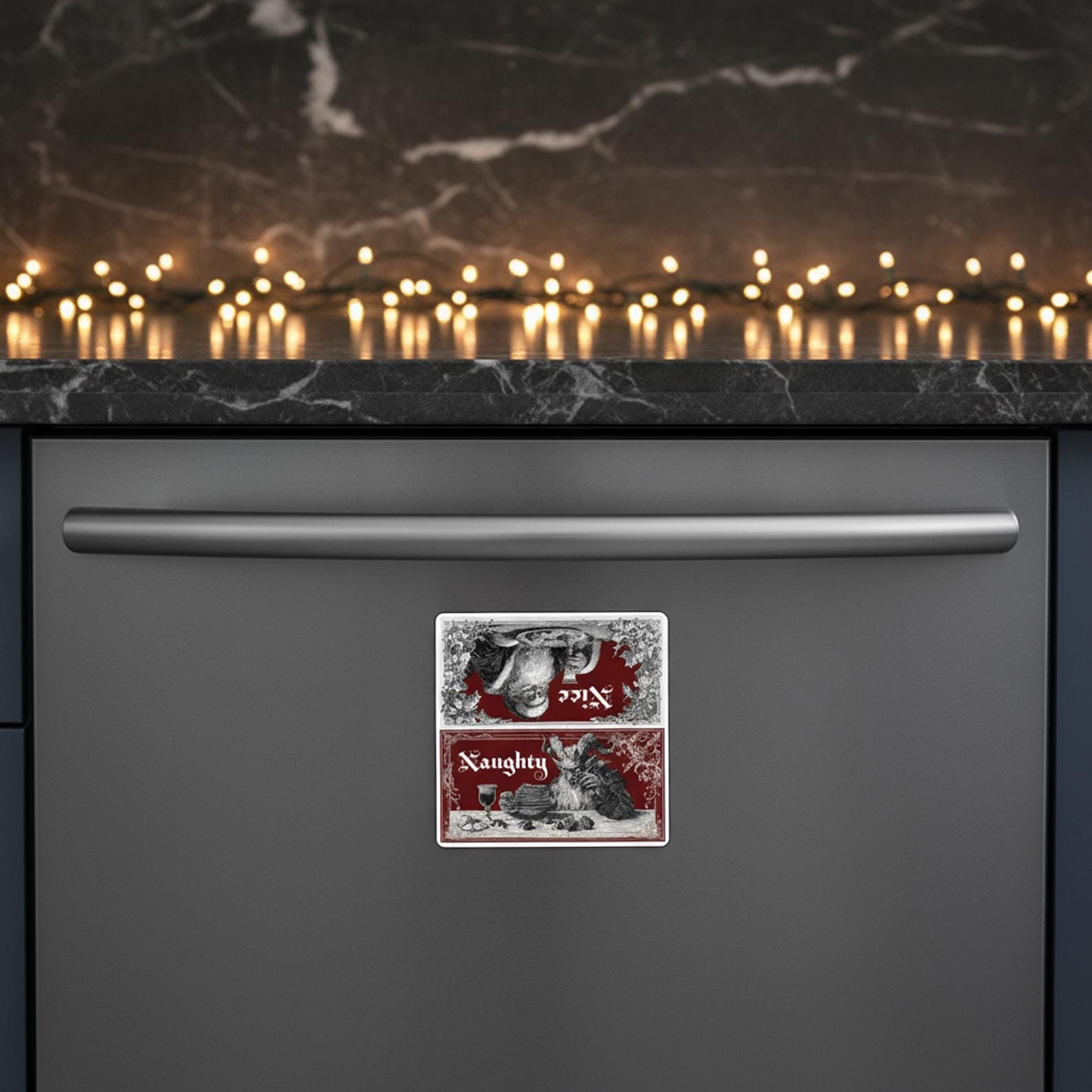 Old-world Santa &amp; Krampus Naughty or Nice Reversible Dishwasher Magnet |  6 x 6 in. size product thumbnail image