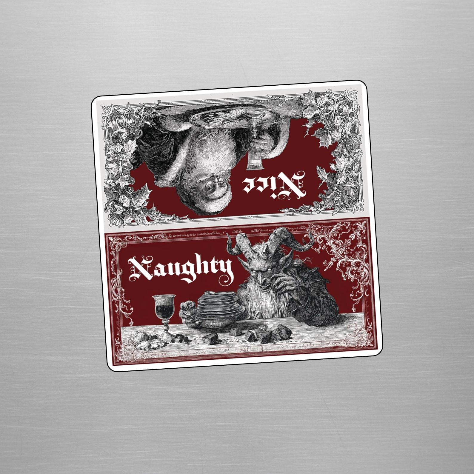 Old-world Santa & Krampus Naughty or Nice Reversible Dishwasher Magnet | 6 x 6 in. size Old-world Santa & Krampus Naughty or Nice Reversible Dishwasher Magnet | 6 x 6 in. size