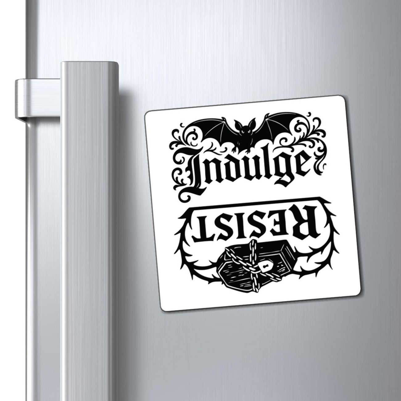 Indulge or Resist: Reversible Refrigerator Magnet , Unique Home Decor, Bat Coffin Art, Halloween Decor, Gift Ideas, Snack-Time Secrets product thumbnail image