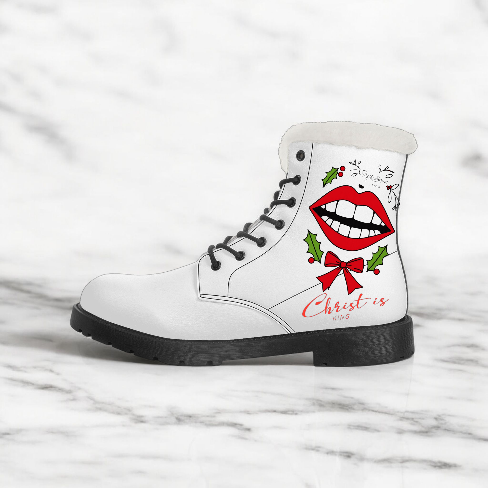 Women's Fur &amp; Leather Boots — Festive Candy Kiss Patch Design product thumbnail image