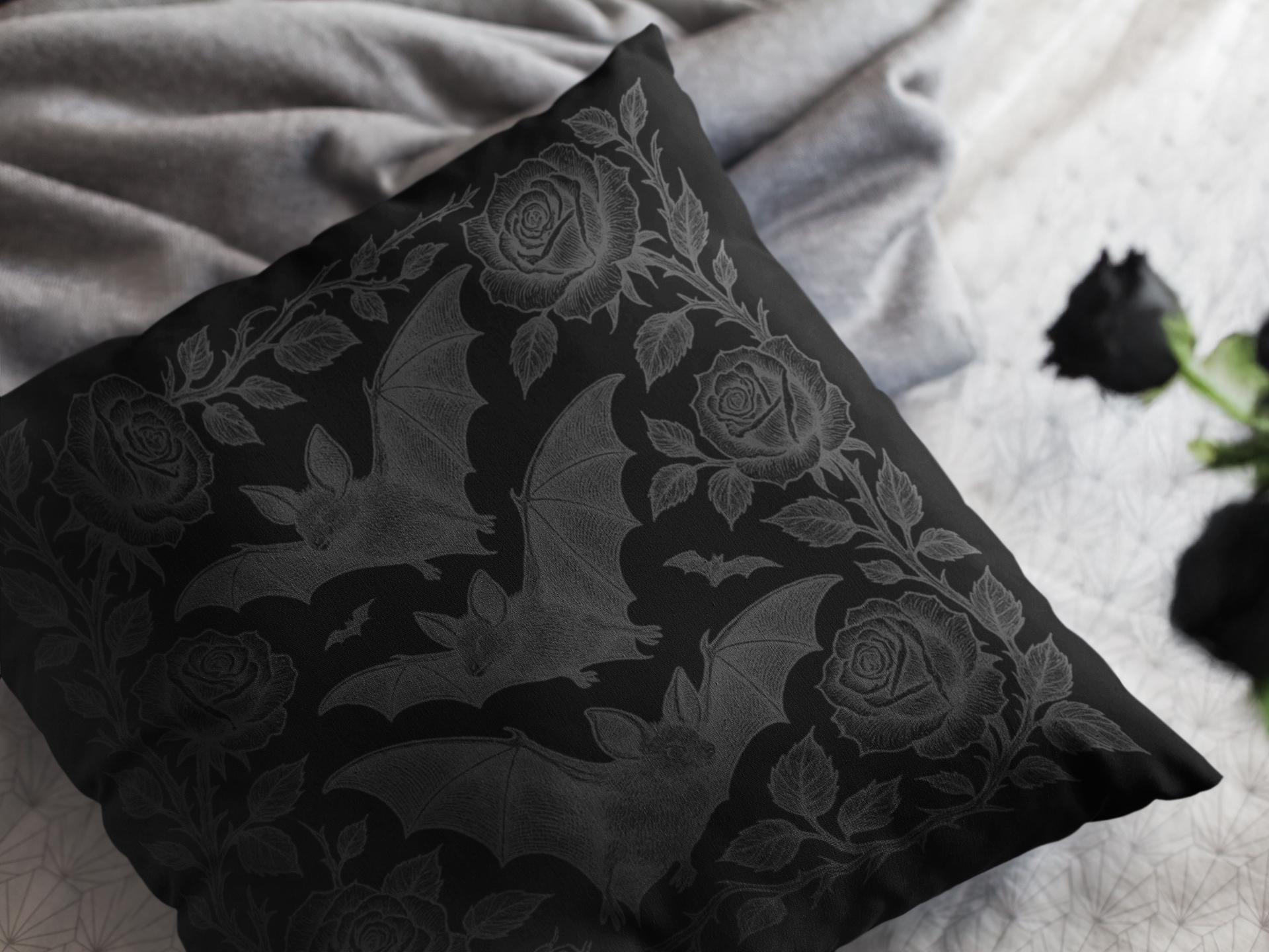 Bats and Roses Throw Pillow, Haunted Mansion Home Decor, Vampire Decorative Cushion, Halloween Accent, Dark Victorian Gothic Pillow, Bat