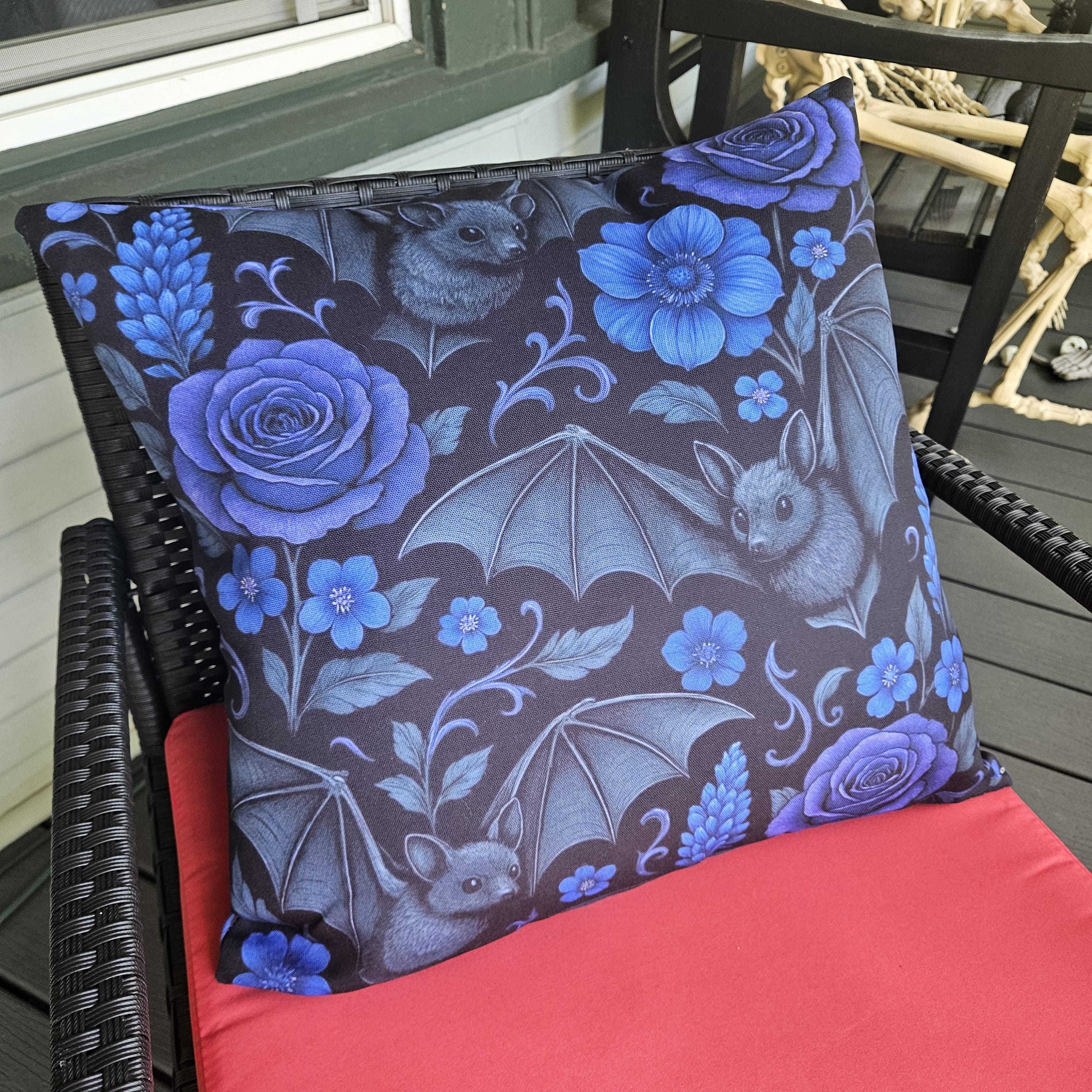 Midnight Floral Bats Pillow, Halloween Home Decor, Spooky Square Cushion, Gothic, Enchanting Goth Accent, Dark Aesthetics Gift, Bat Pillow