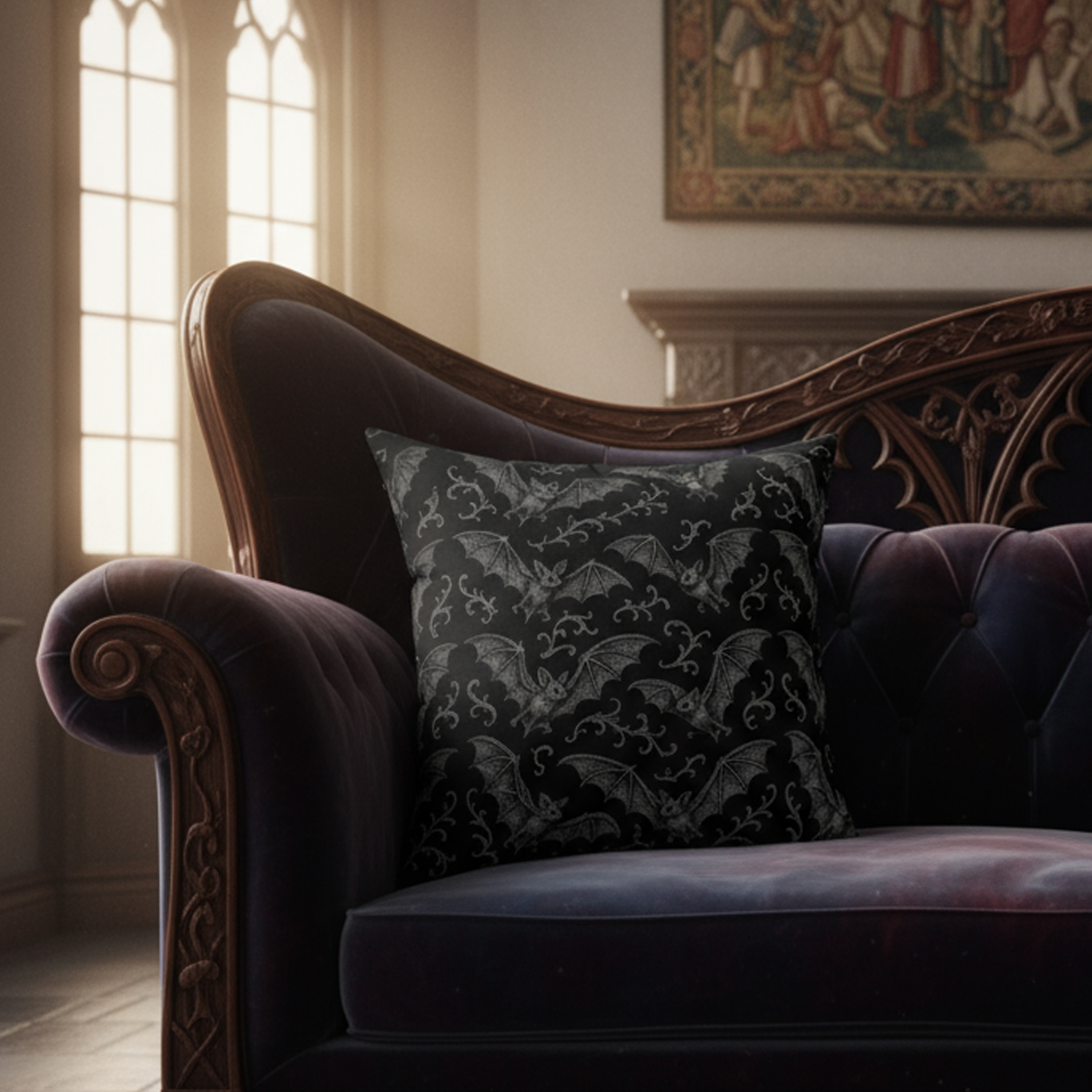 Gothic Bat Print Pillow, Decorative Cushion, Halloween Home Decor, Spooky Throw Pillow, Bat Pattern Pillow, Gift for Goth Lovers